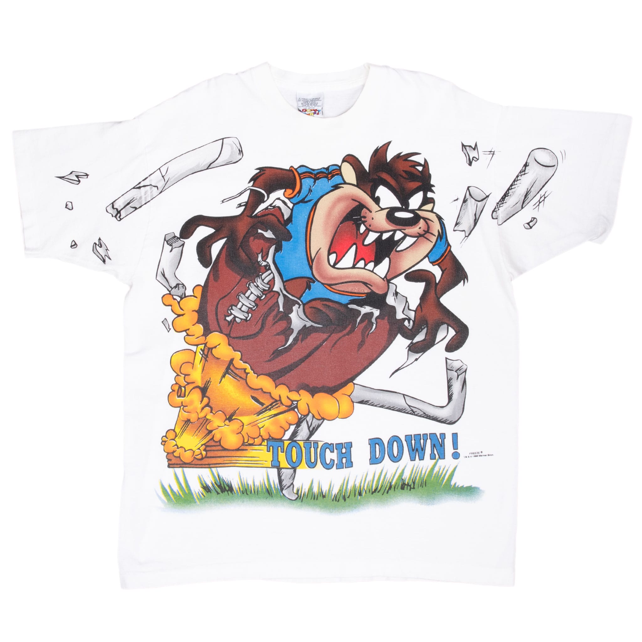 Front of white Looney Tunes T-shirt with Taz football “Touch Down!” graphic