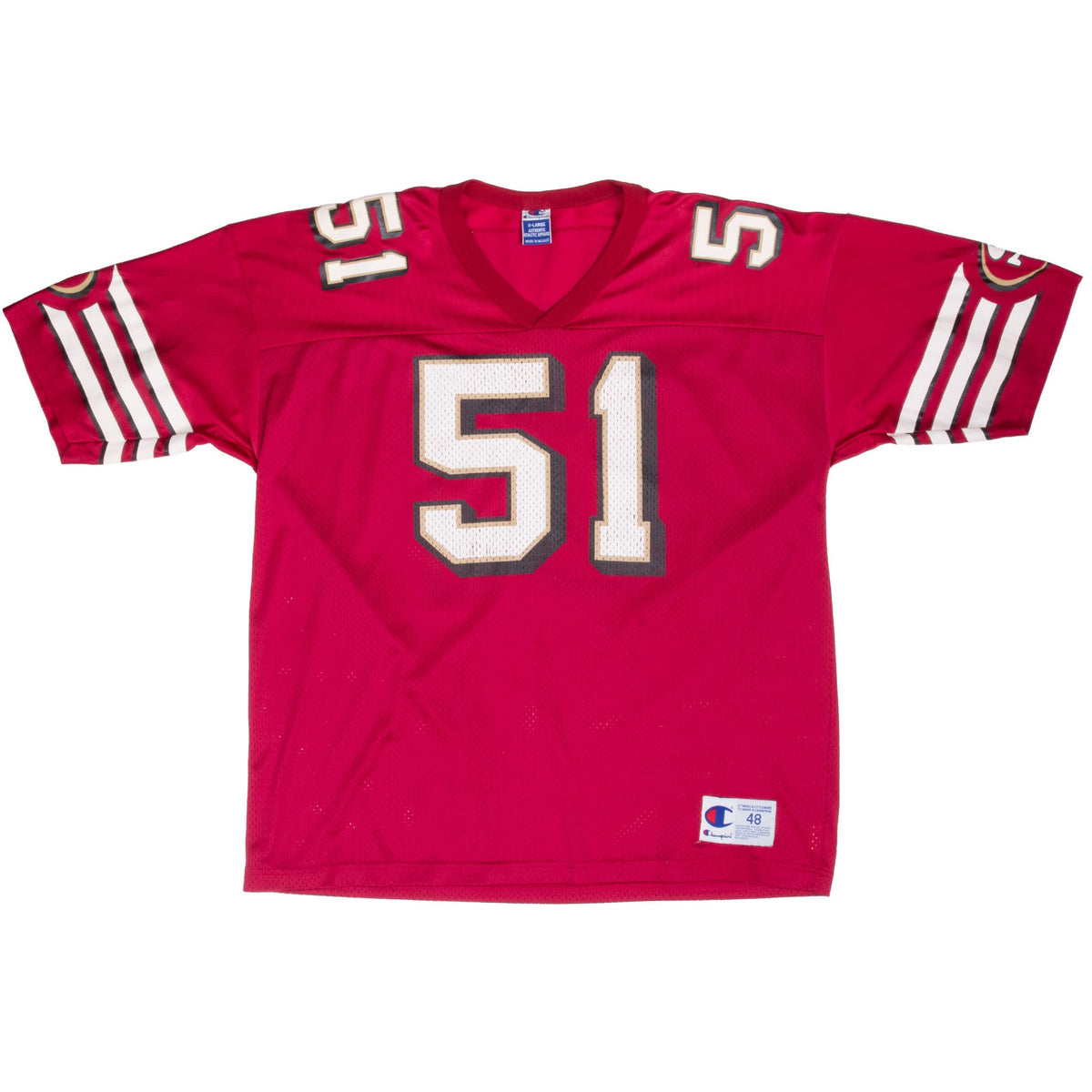 Front of red Champion San Francisco 49ers Norton jersey with number 51 and striped sleeves