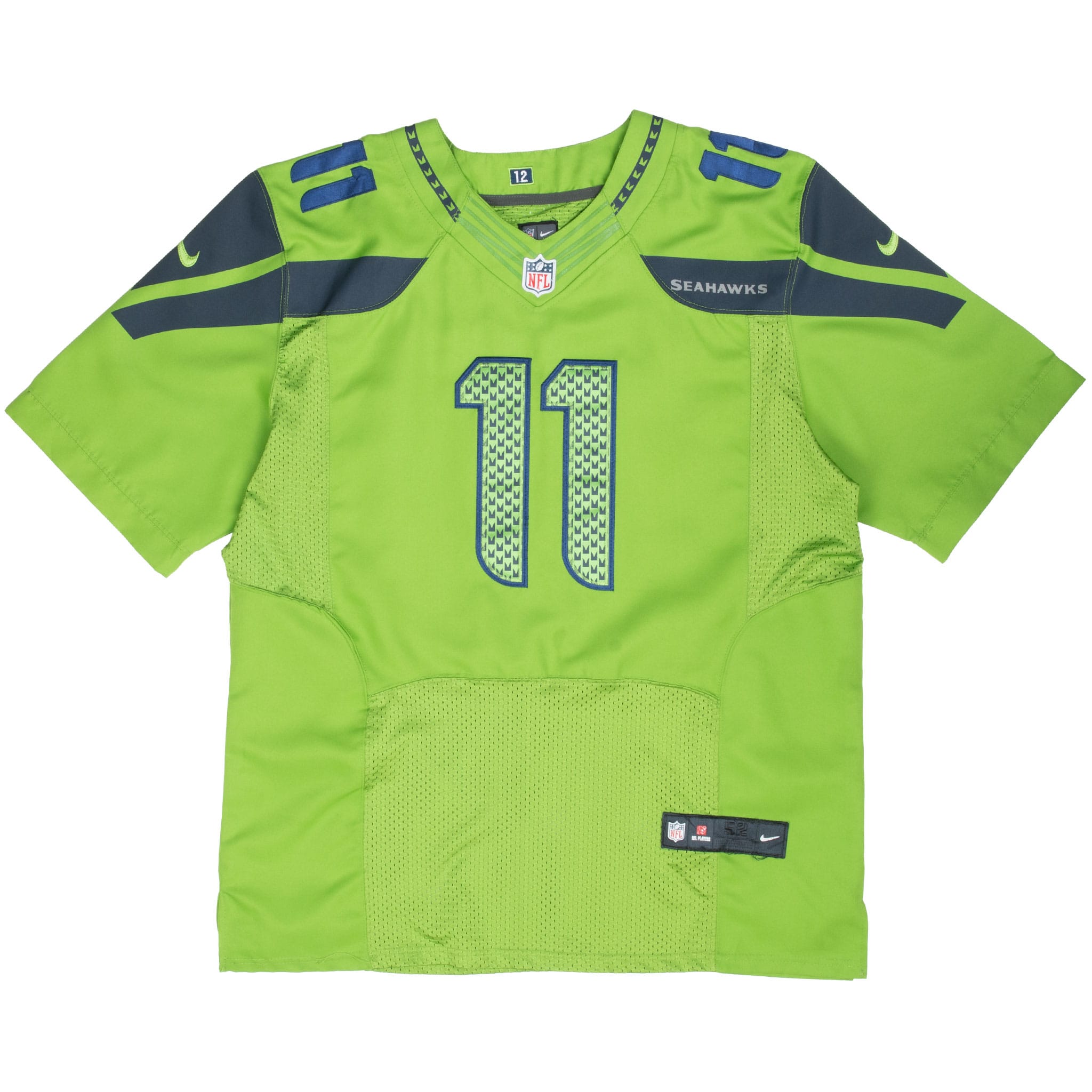 Front of green Seattle Seahawks Nike Harvin #11 jersey with mesh panels and NFL shield