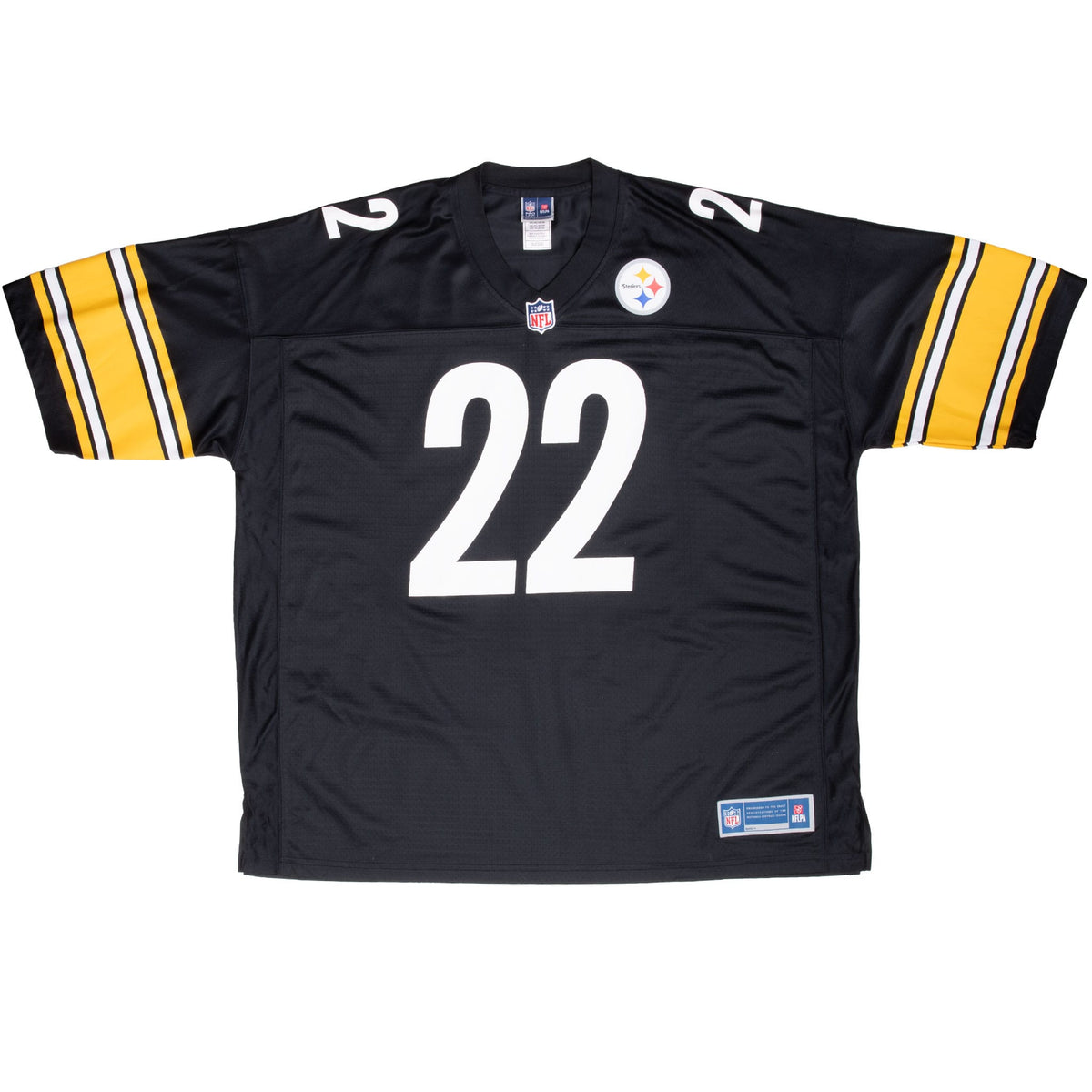 Front of black Pittsburgh Steelers Harris #22 jersey with yellow-and-white striped sleeves