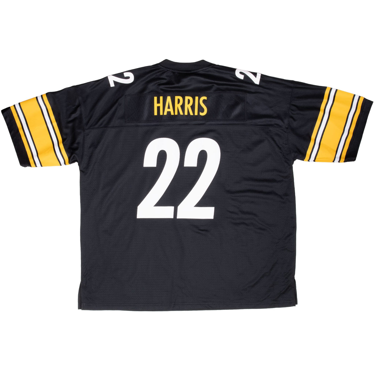Back of black Pittsburgh Steelers jersey with yellow Harris nameplate and white number 22