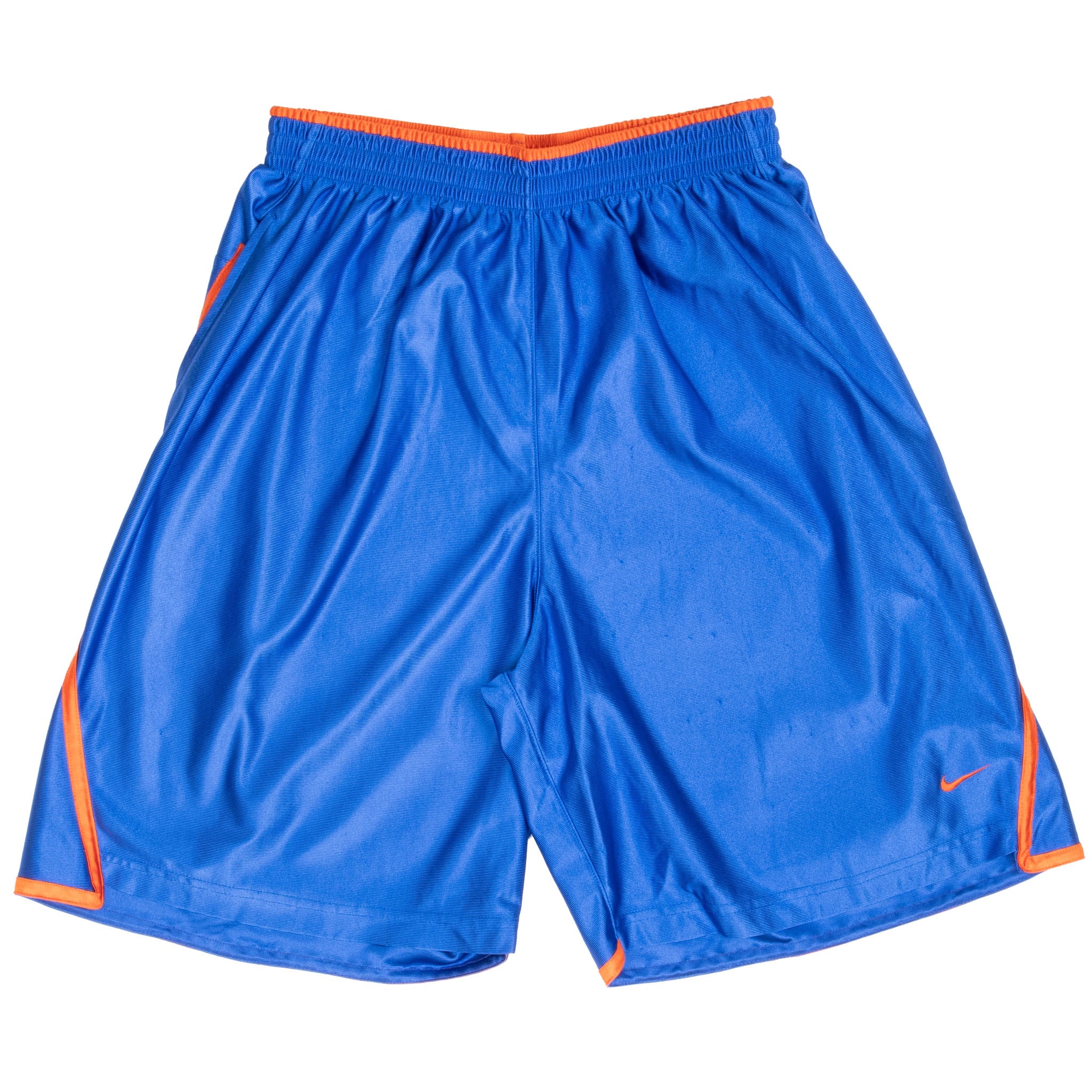 Front of blue Nike Boise State basketball shorts with orange trim and embroidered Swoosh