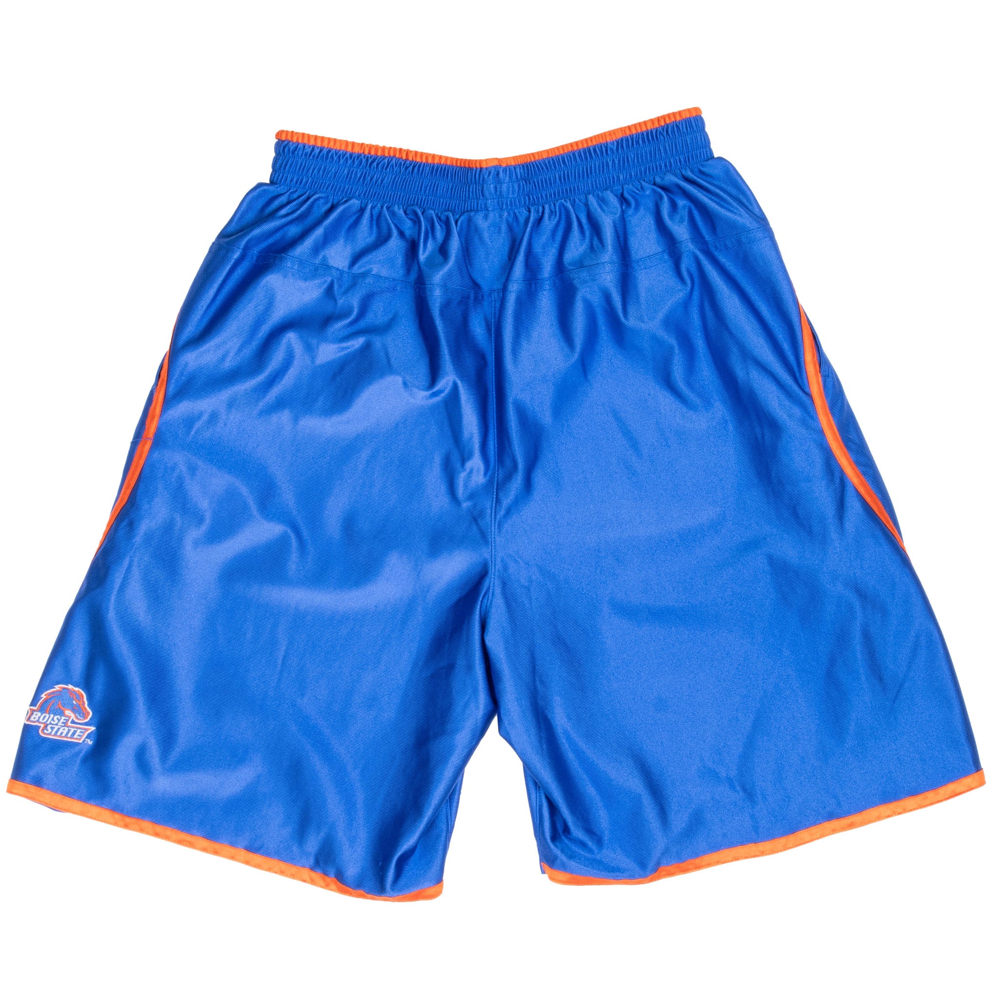 Back of blue Nike Boise State basketball shorts with orange trim and Broncos logo