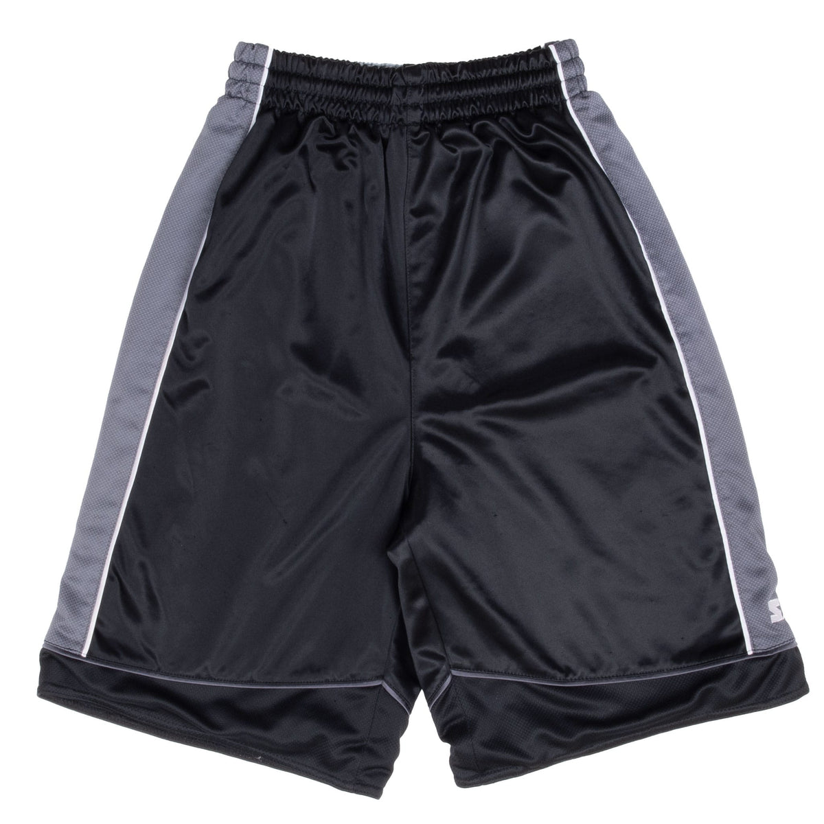 Front of Starter black athletic shorts with gray side panels and white piping