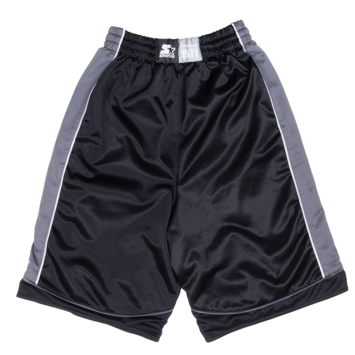 Back of Starter black athletic shorts with gray side panels and elastic waistband