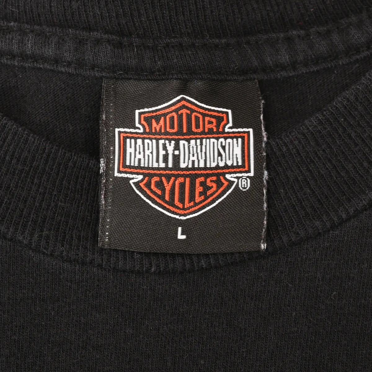 Harley-Davidson Motor Cycles neck tag marked size L on black T-shirt
