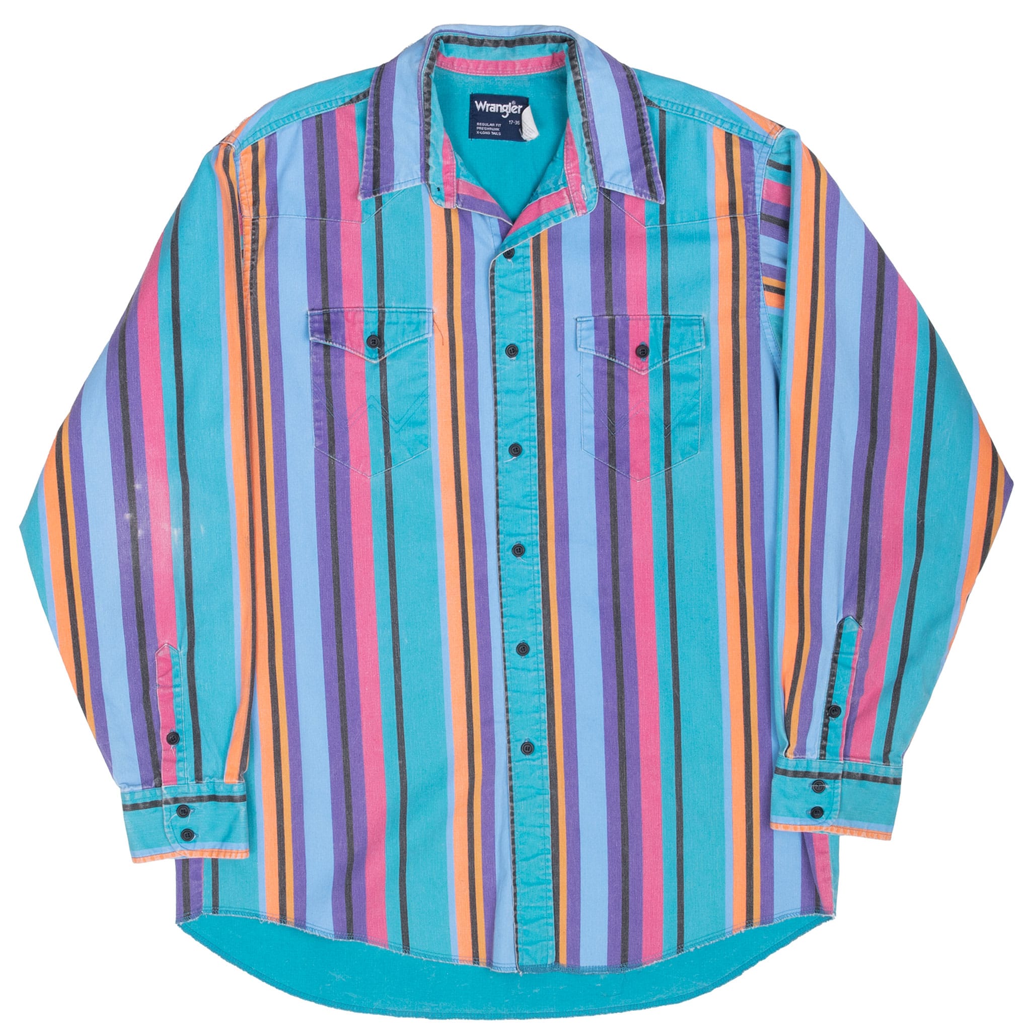 Front view of multicolor striped Wrangler western shirt with curved shirttail hem