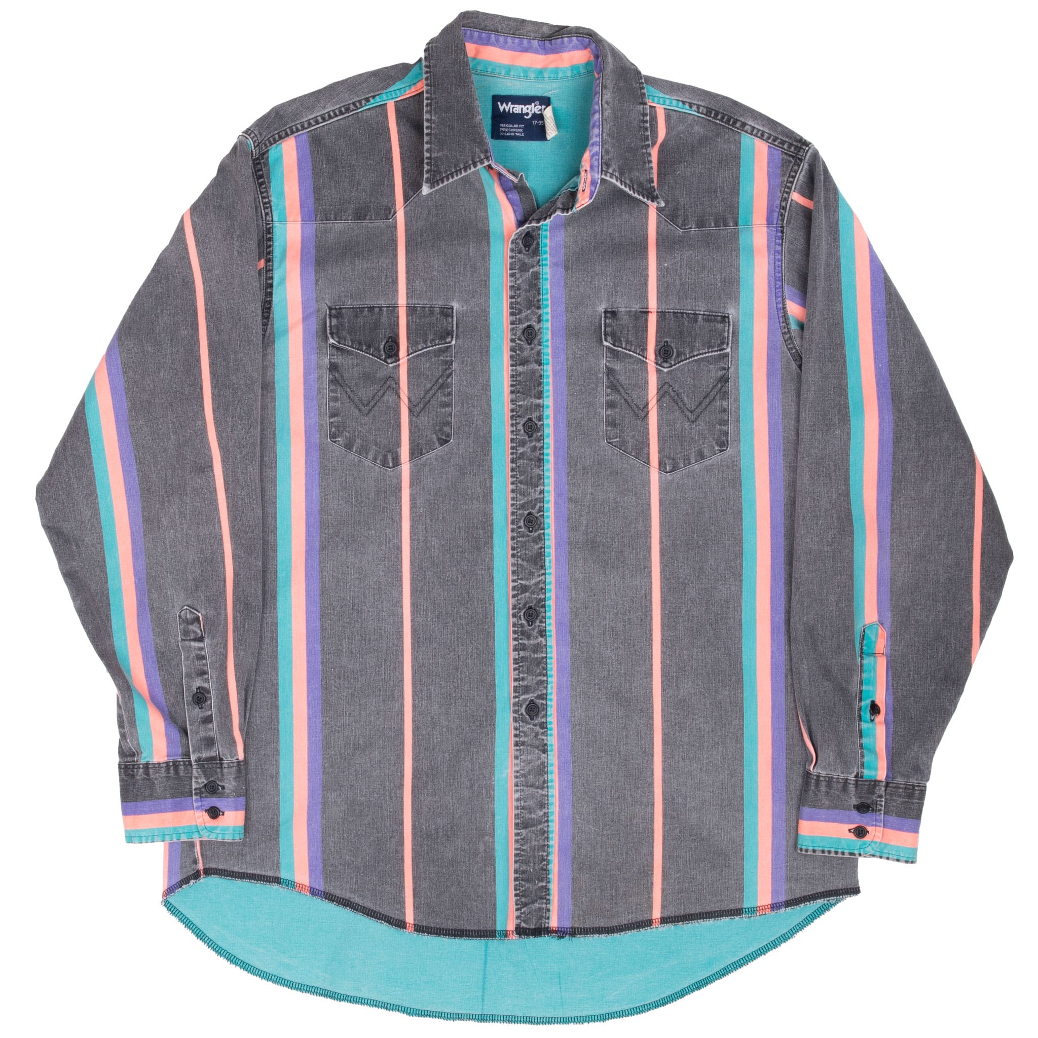 Front of striped Wrangler Western shirt showing pointed yokes, chest pockets and long tail