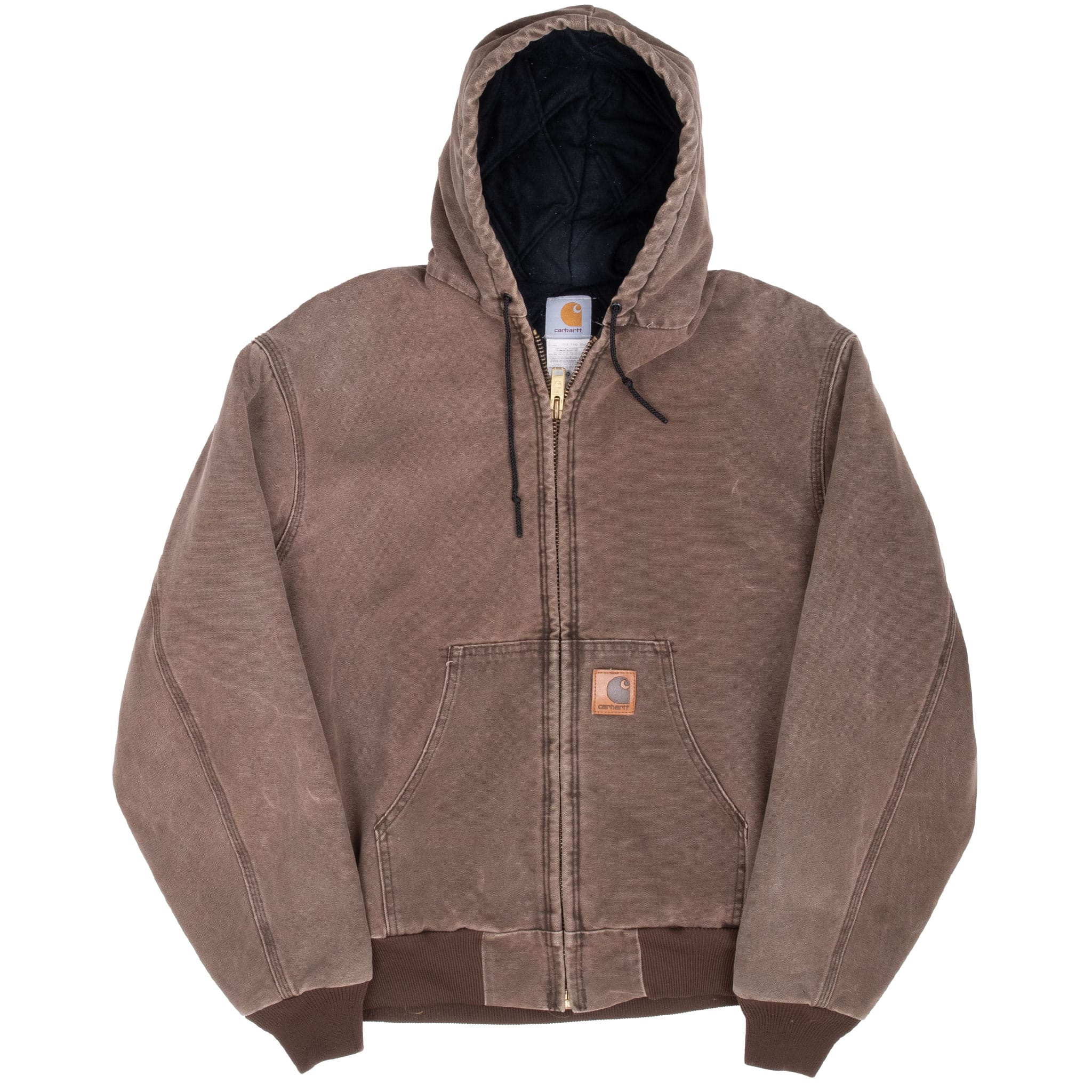 Full front view of chestnut brown Carhartt hooded active jacket with ribbed cuffs and hem