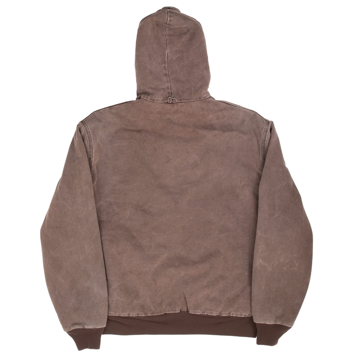 Back of chestnut brown Carhartt hooded active jacket with ribbed hem and cuffs