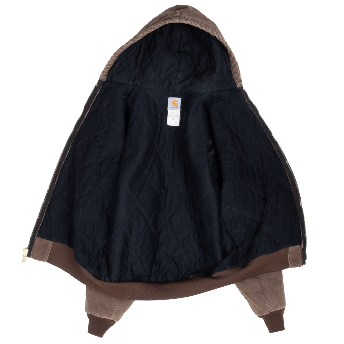 Open Carhartt hooded active jacket showing black quilted interior lining and label