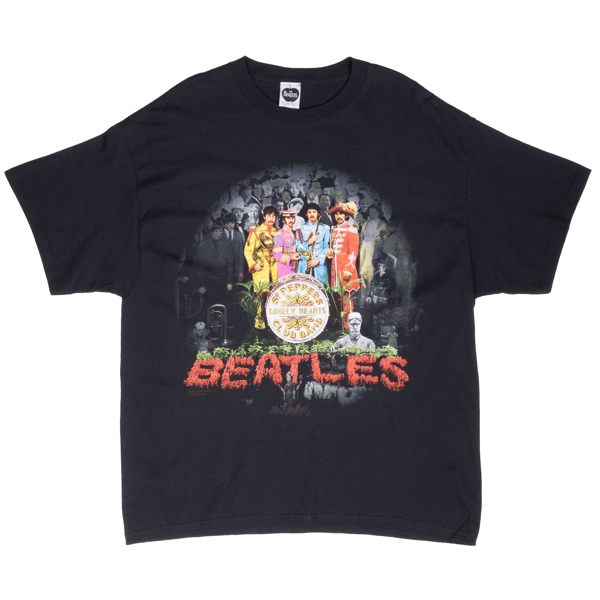 Full front view of black Beatles Sgt. Pepper's Lonely Hearts Club Band T-shirt