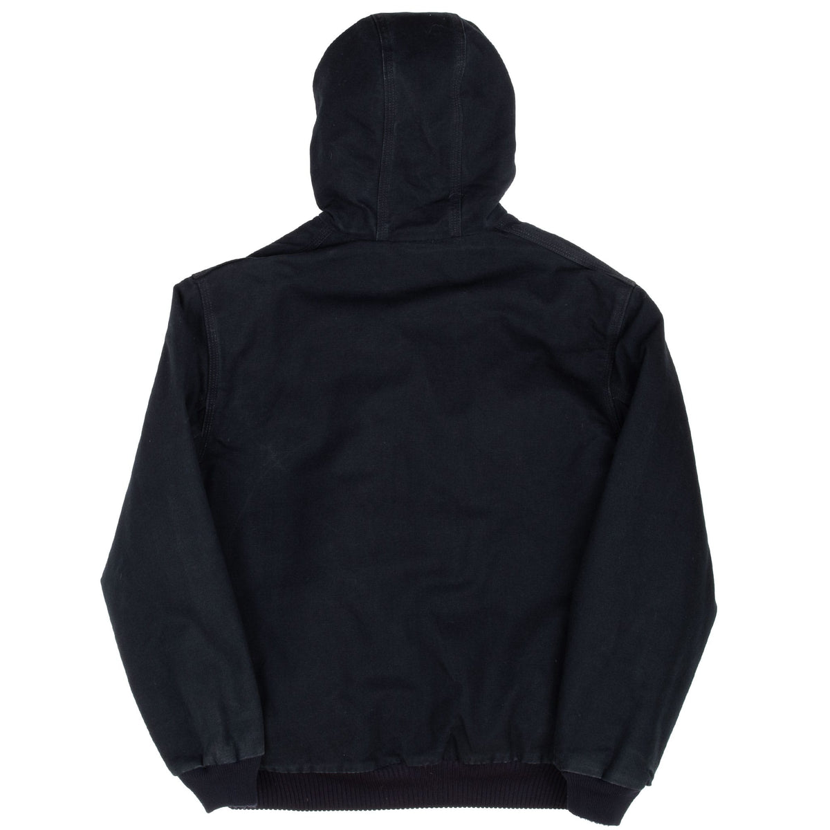Back of black Carhartt J140 hooded active jacket showing hood, reinforced seams and rib-knit hem