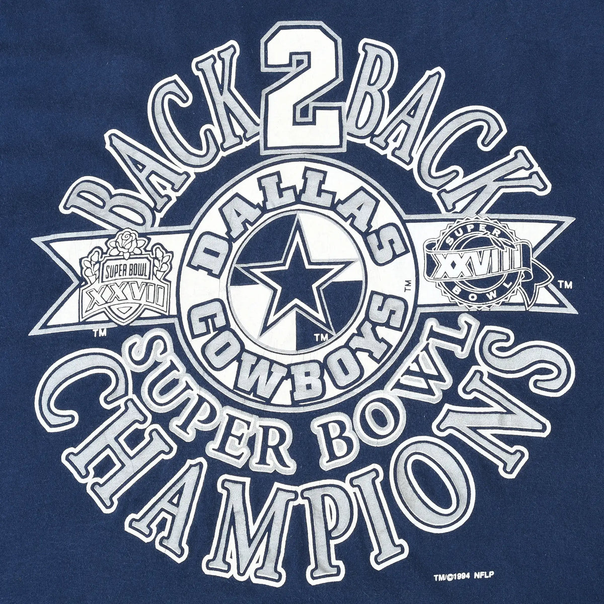 Close-up of Dallas Cowboys Back 2 Back Super Bowl Champions front graphic
