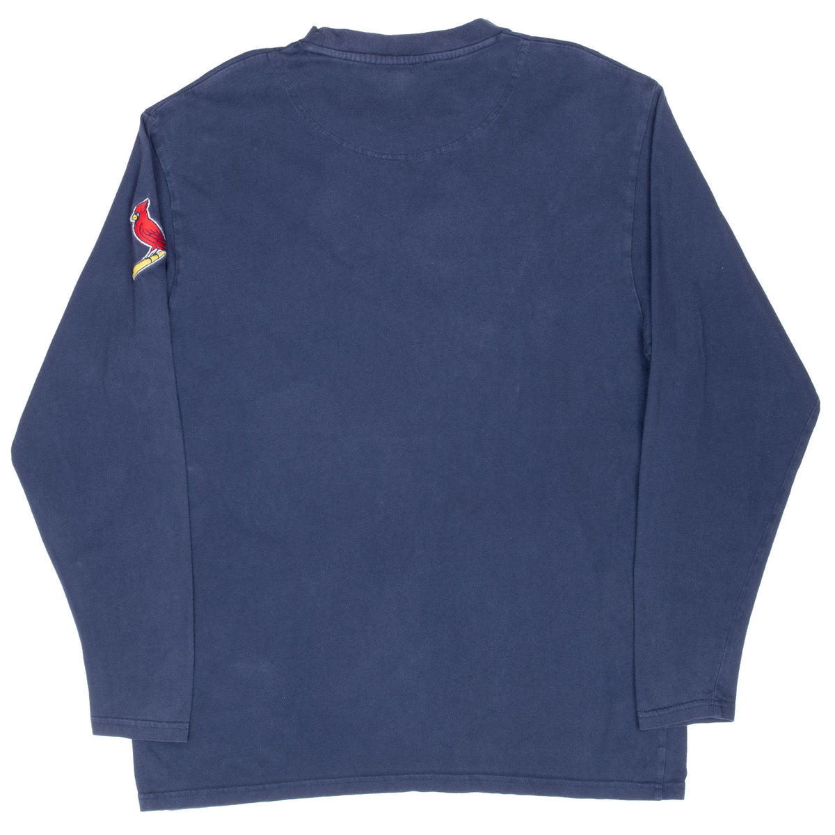 Back of navy Nike St. Louis Cardinals long-sleeve T-shirt with bird sleeve embroidery