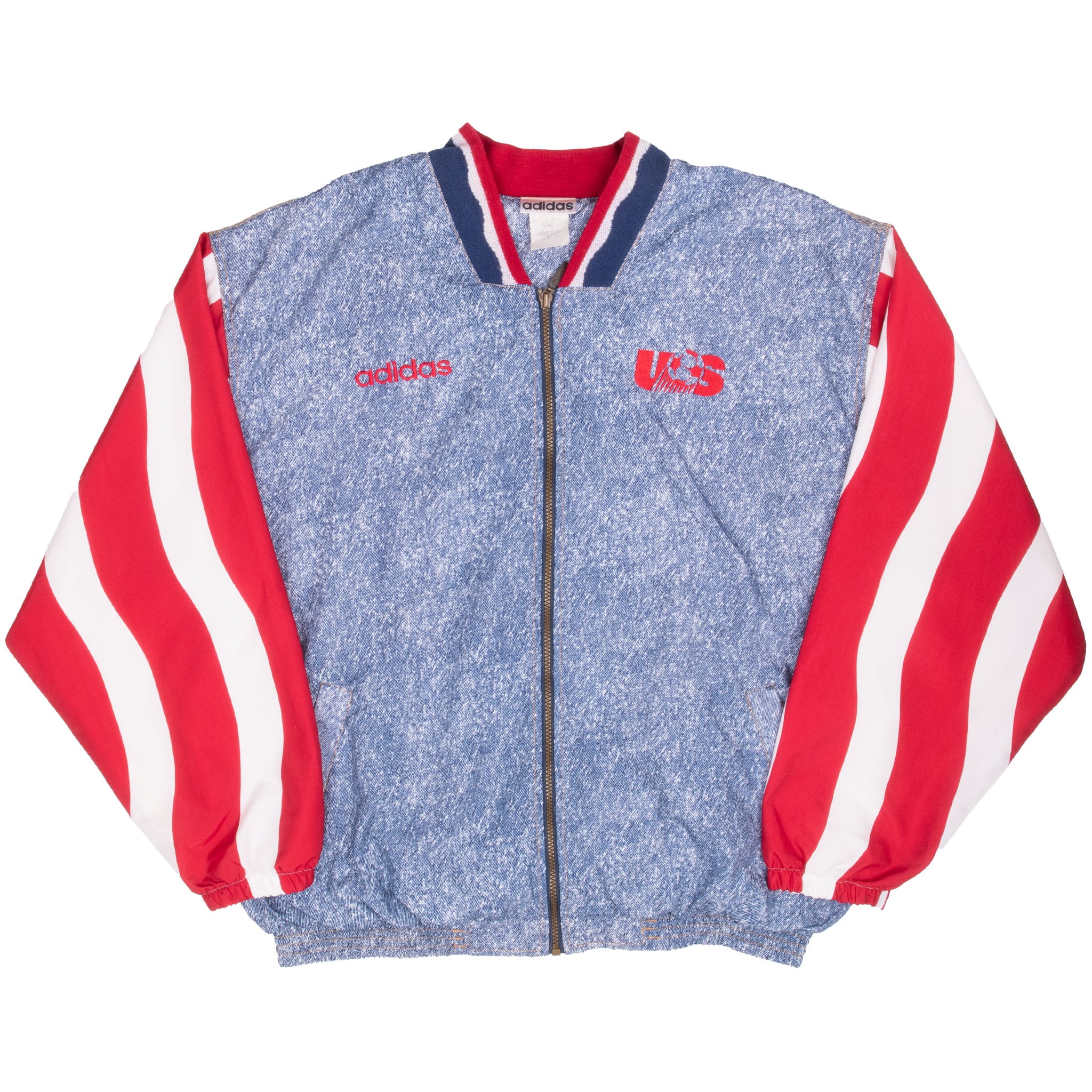 Full front view of adidas Team USA soccer windbreaker with zip closure and striped sleeves