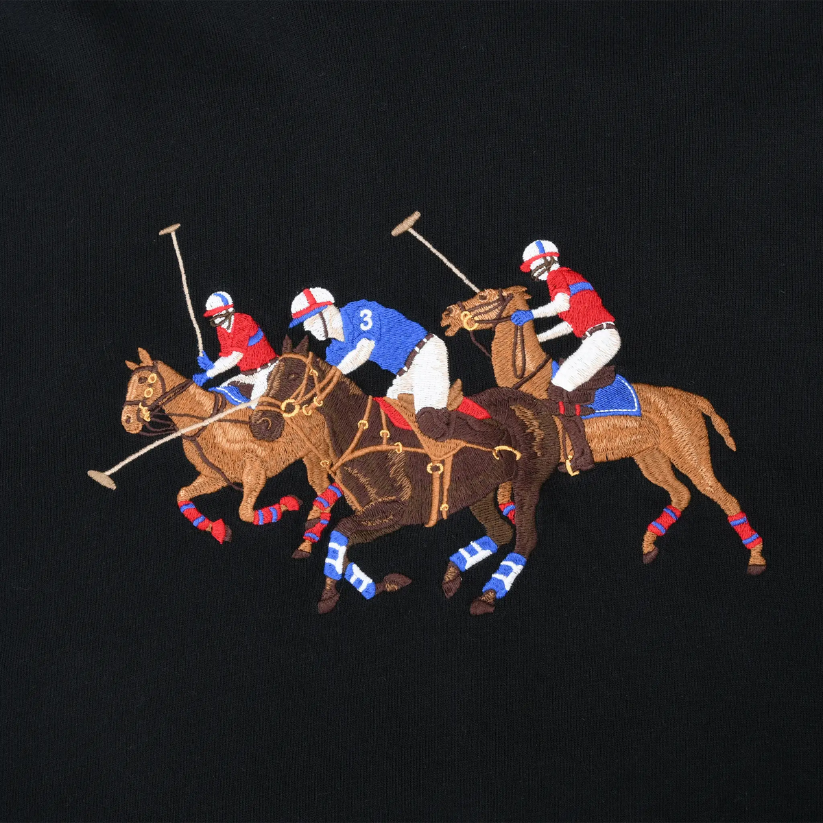 Close-up of multicolor polo players and horses embroidered on black fabric