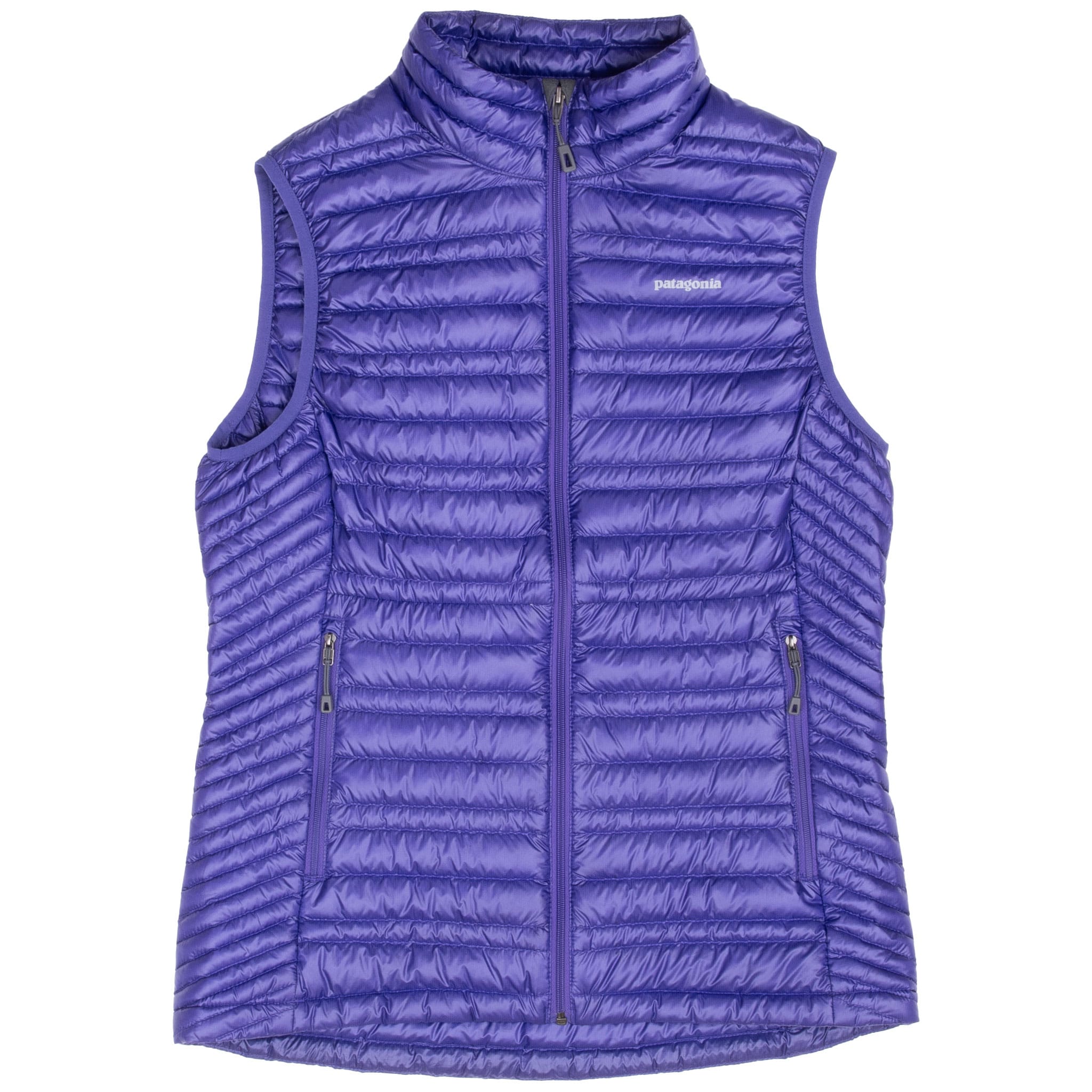 Front of purple Patagonia women's Ultralight Down vest with stand collar and full zipper