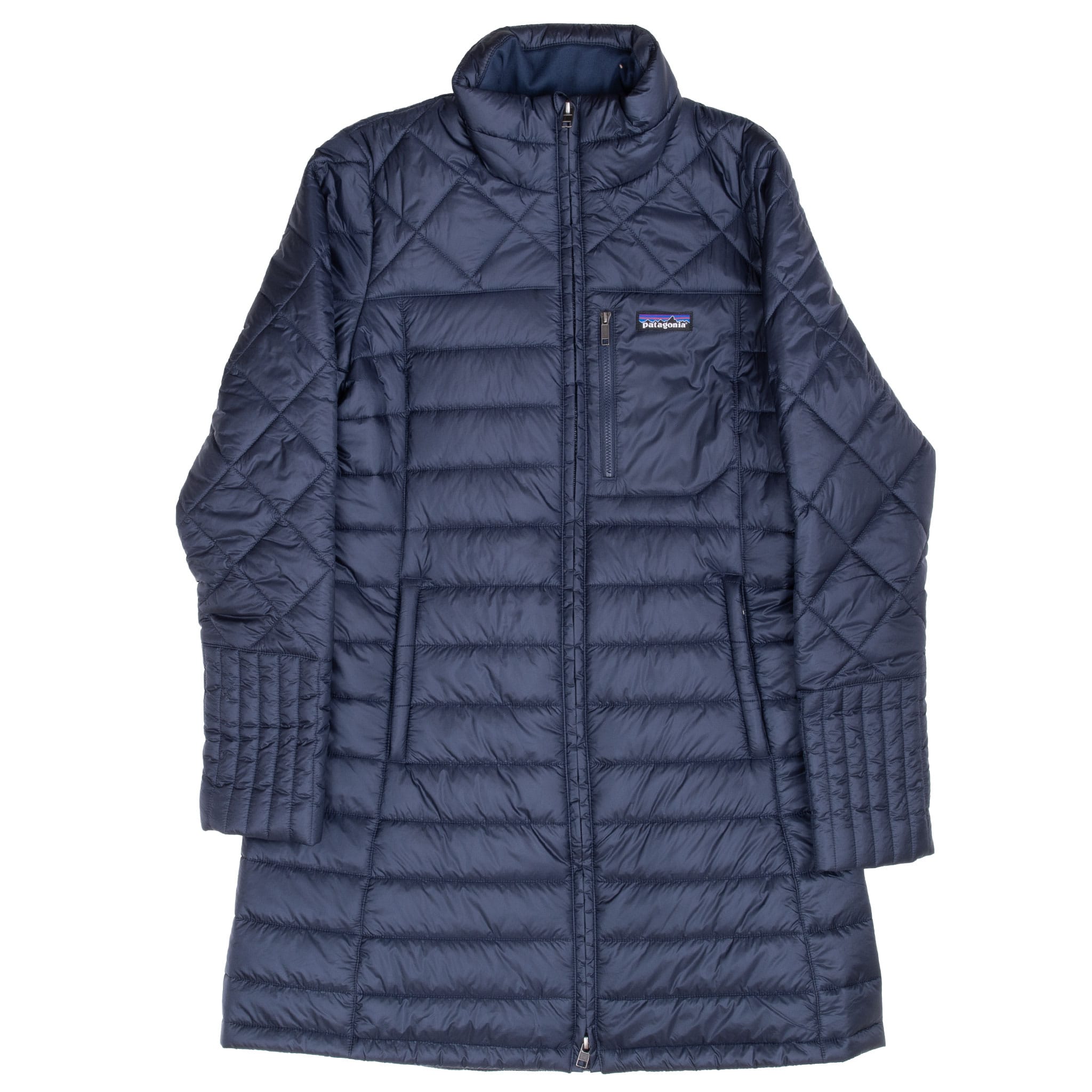 Full front view of Patagonia women's Radalie navy blue quilted parka