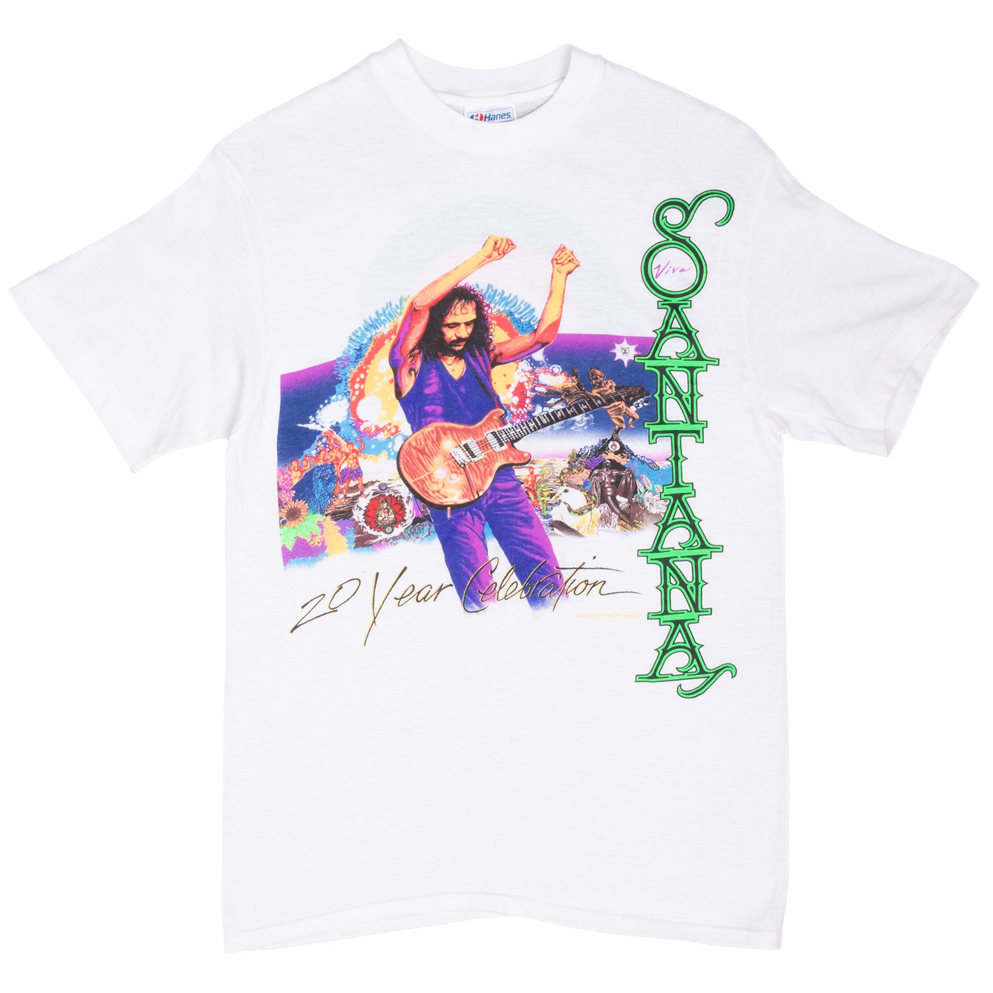 Front of white Viva Santana 20 Year Celebration T-shirt with colorful Carlos Santana guitar graphic