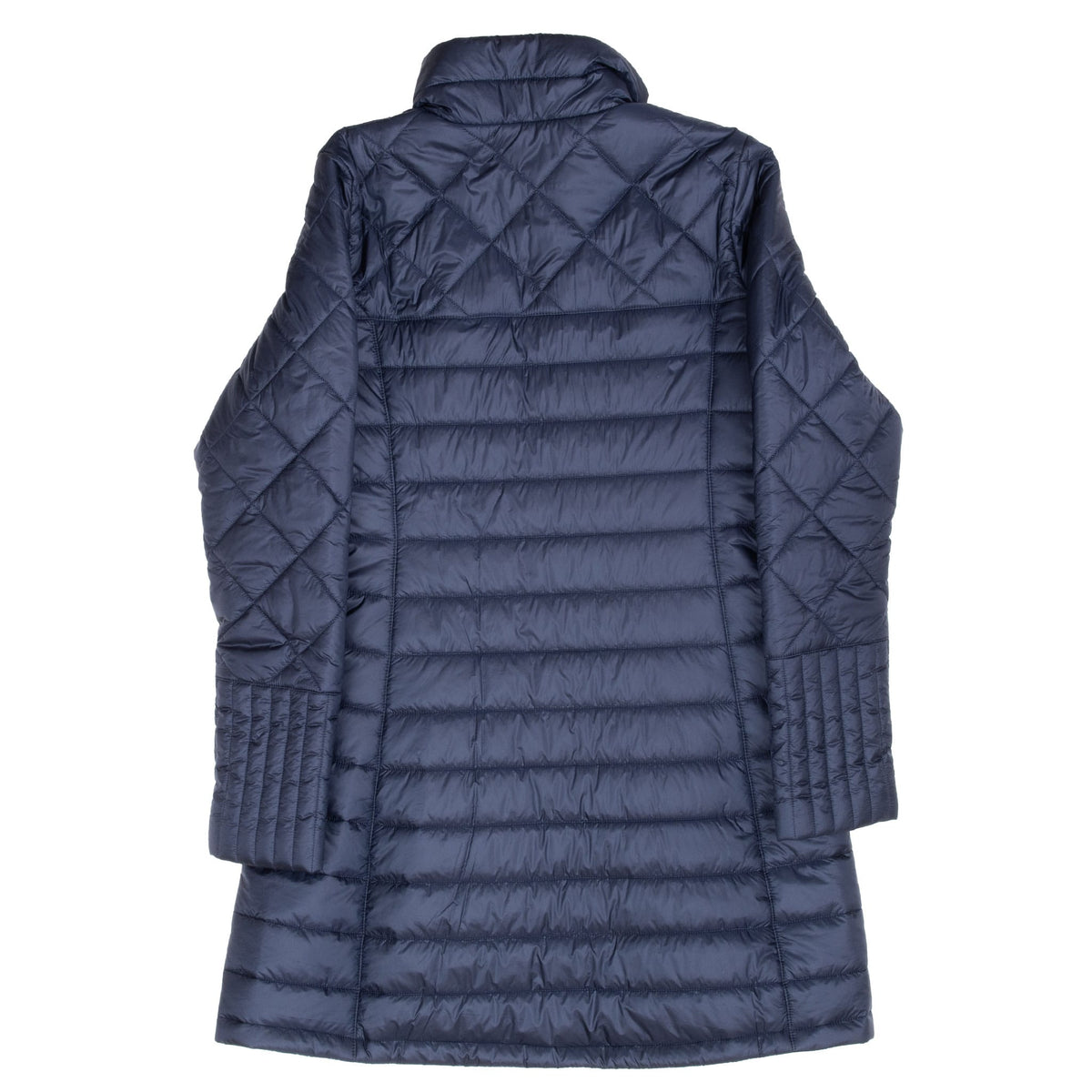 Back of Patagonia women's Radalie navy blue parka with horizontal and diamond quilting