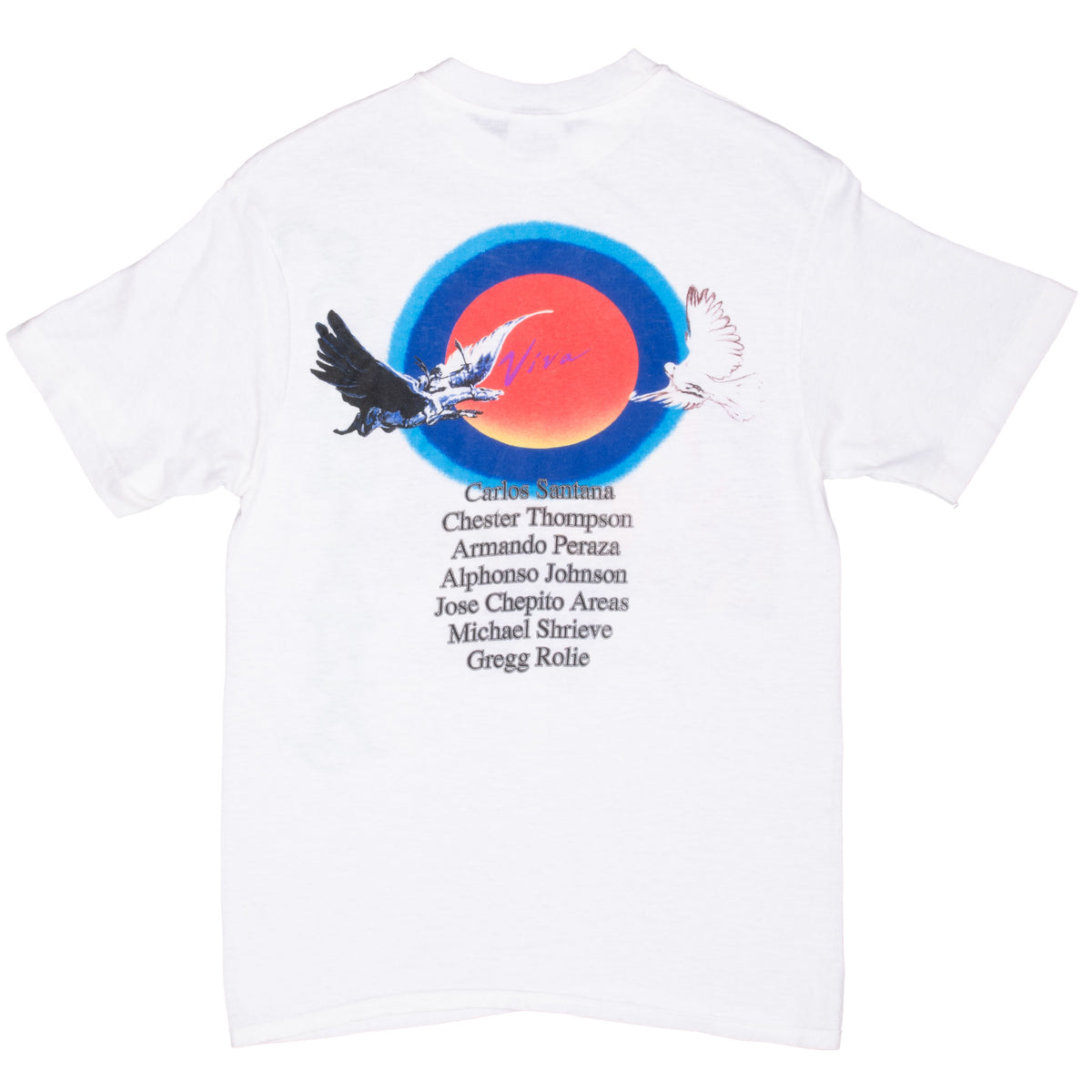 Back of white Viva Santana T-shirt with bird graphic and band member names