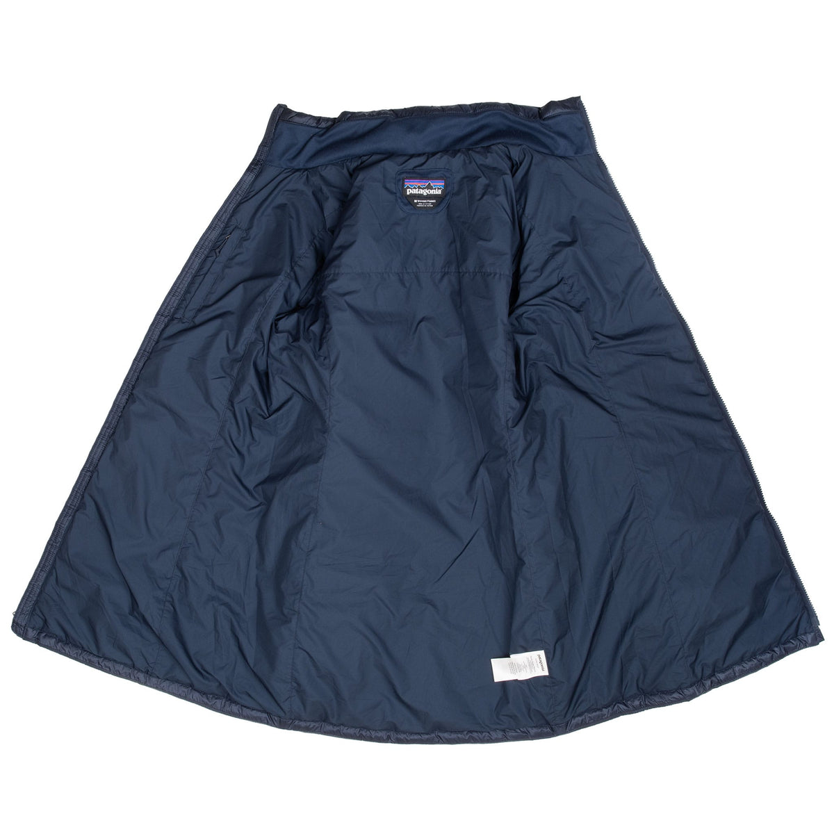 Interior view of Patagonia women's Radalie navy blue parka opened flat