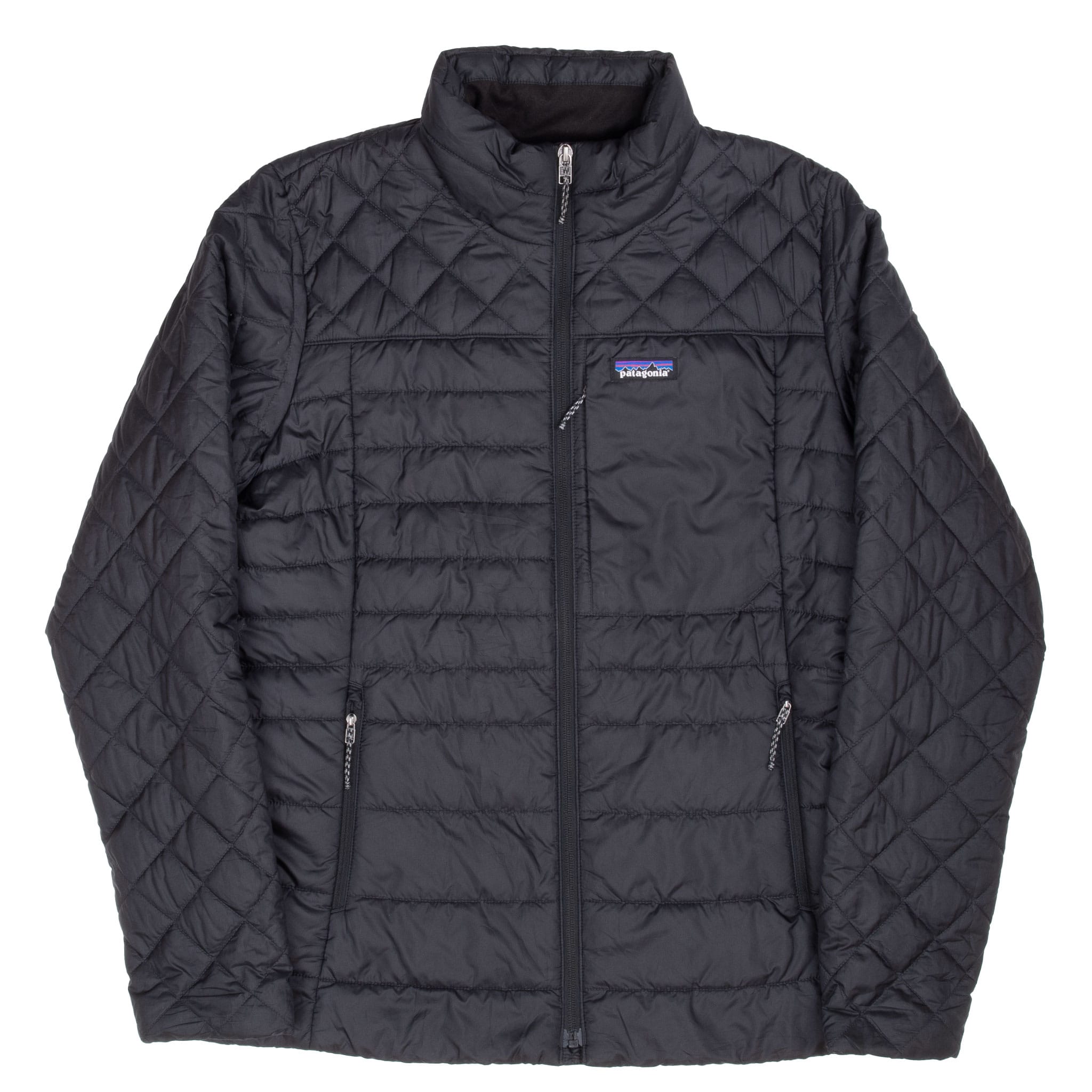 Front of Patagonia women's black Radalie puffer jacket with stand collar and zip pockets