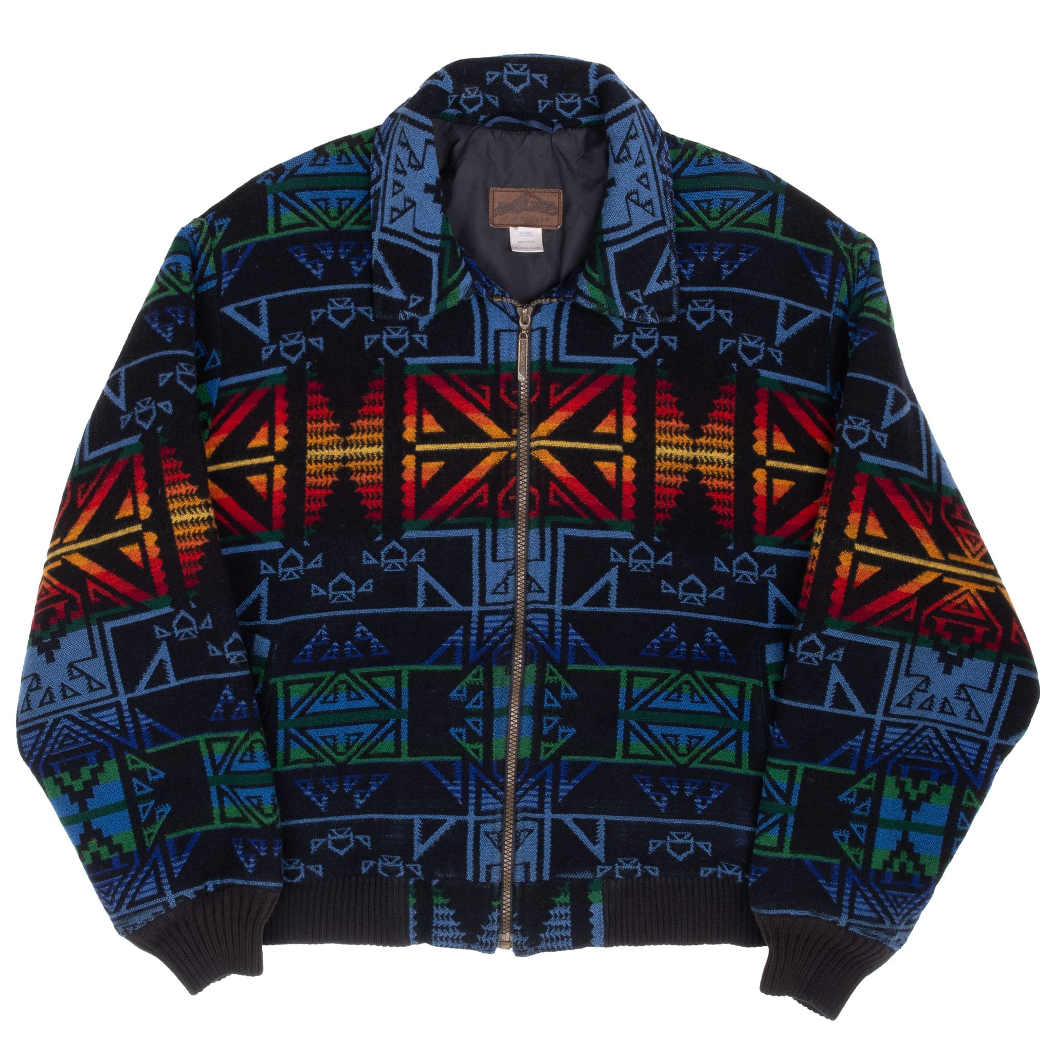 Full front view of black Pendleton jacket with blue, green, red and yellow geometric pattern