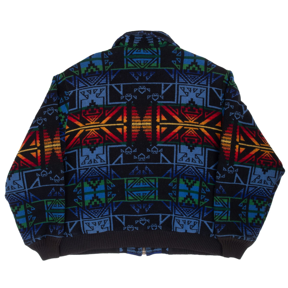 Back of black Pendleton jacket with multicolor geometric pattern and ribbed hem