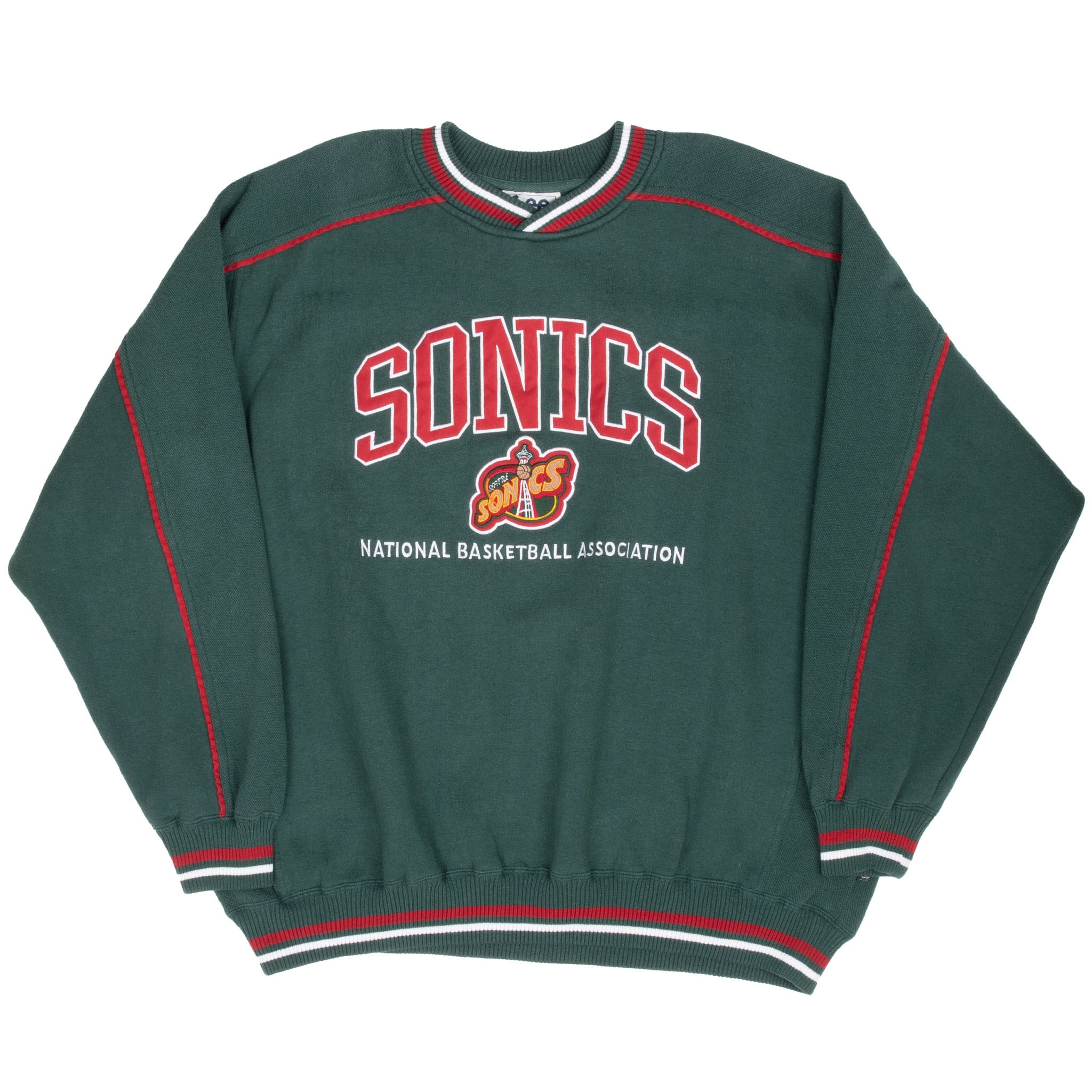 Full front view of dark green Seattle SuperSonics embroidered crewneck sweatshirt