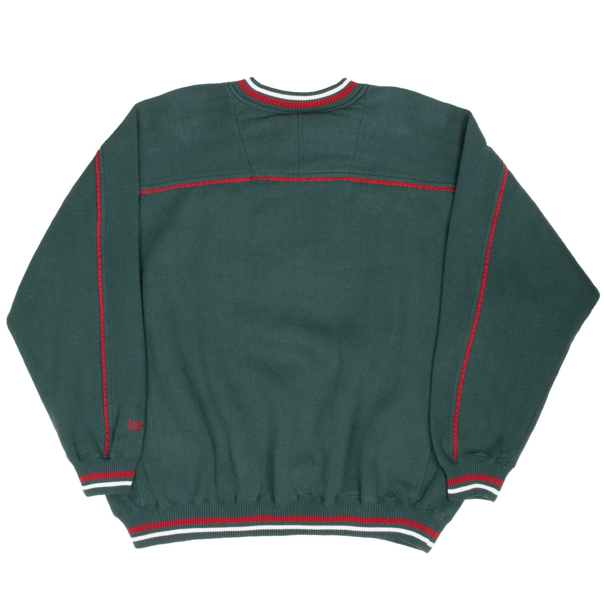 Back of dark green Seattle SuperSonics sweatshirt with red piping and striped ribbed trim