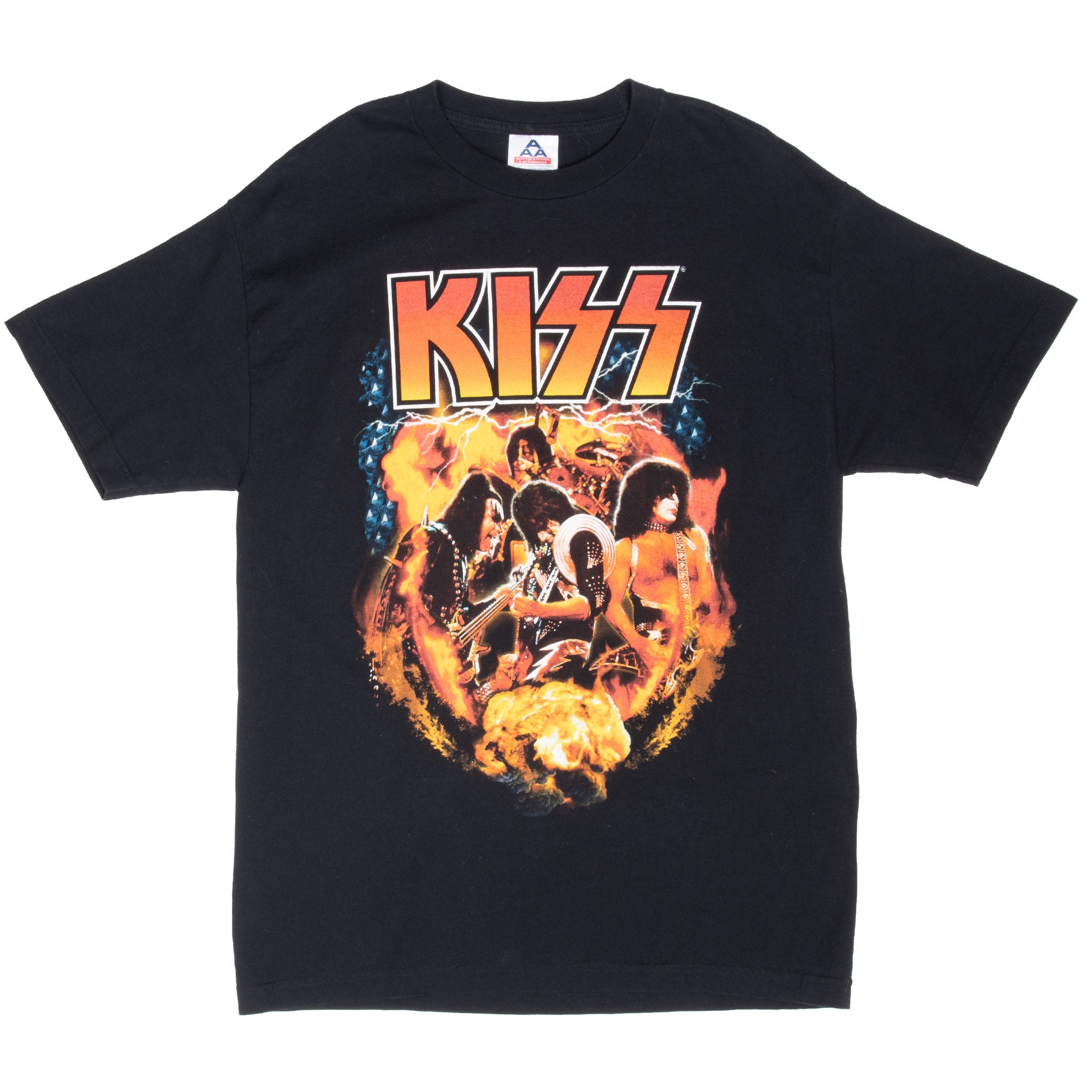 Full front view of black KISS T-shirt with fiery band graphic