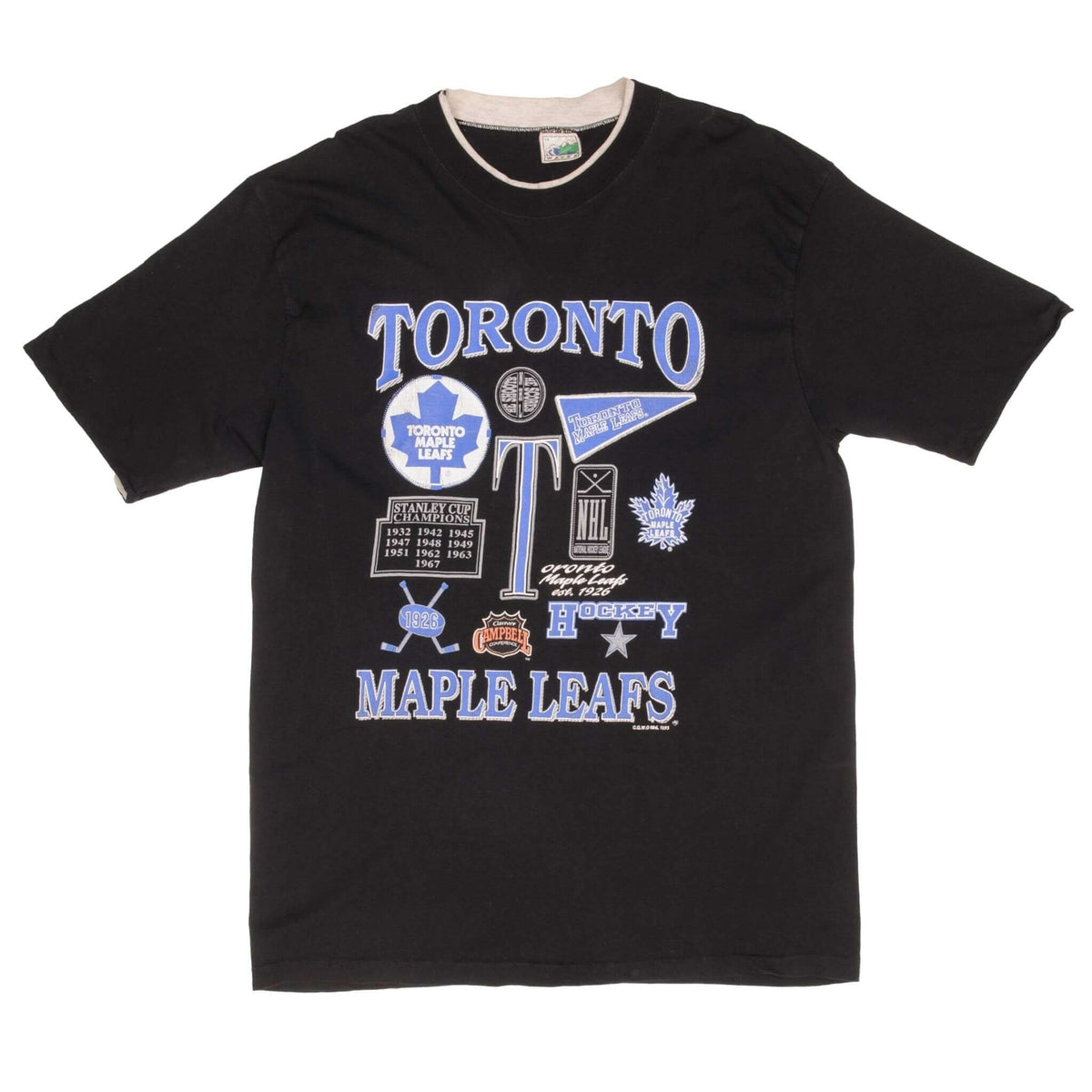 Front of black Toronto Maple Leafs NHL T-shirt with blue and white logo collage