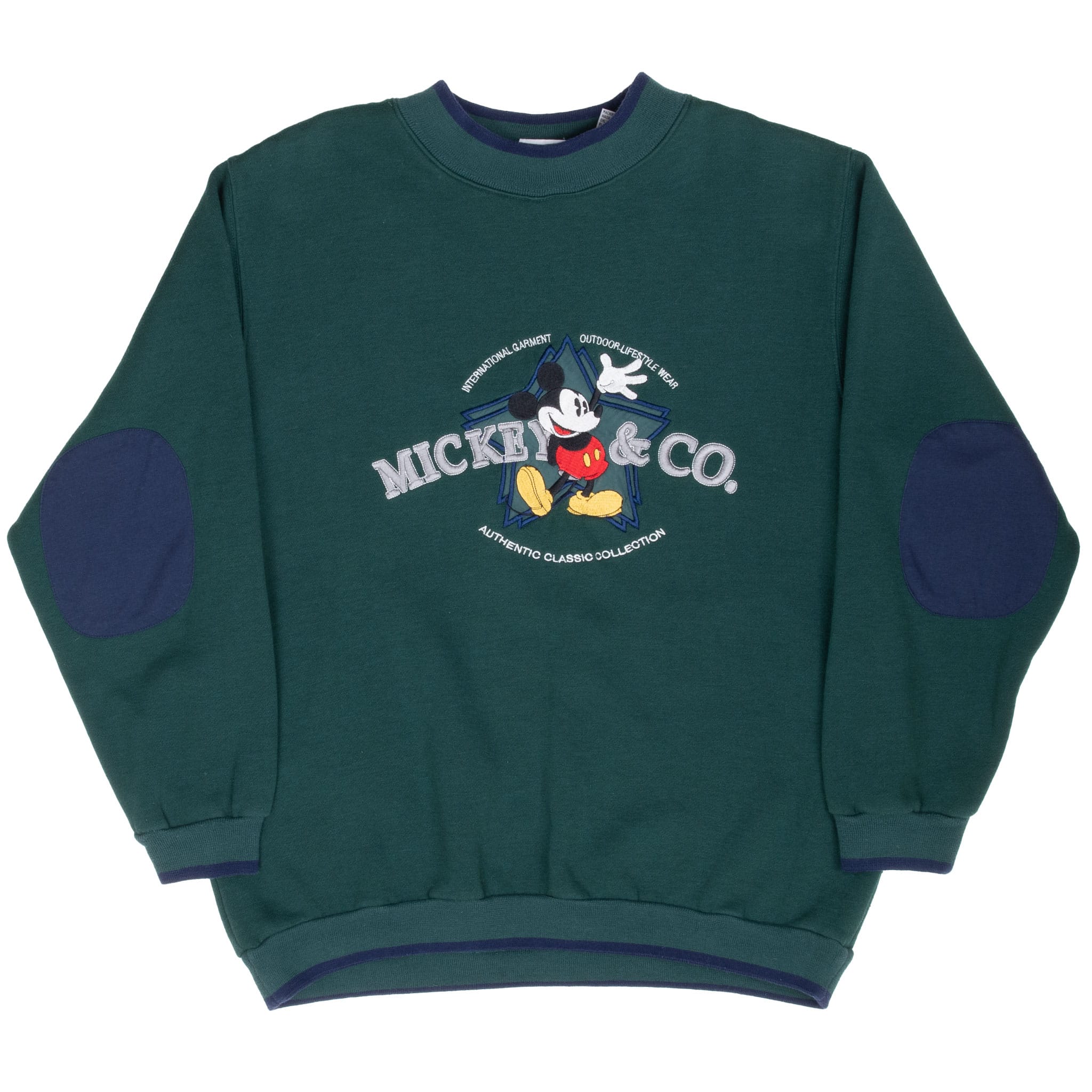 Full front view of pine green Mickey & Co. sweatshirt with navy elbow patches and trim