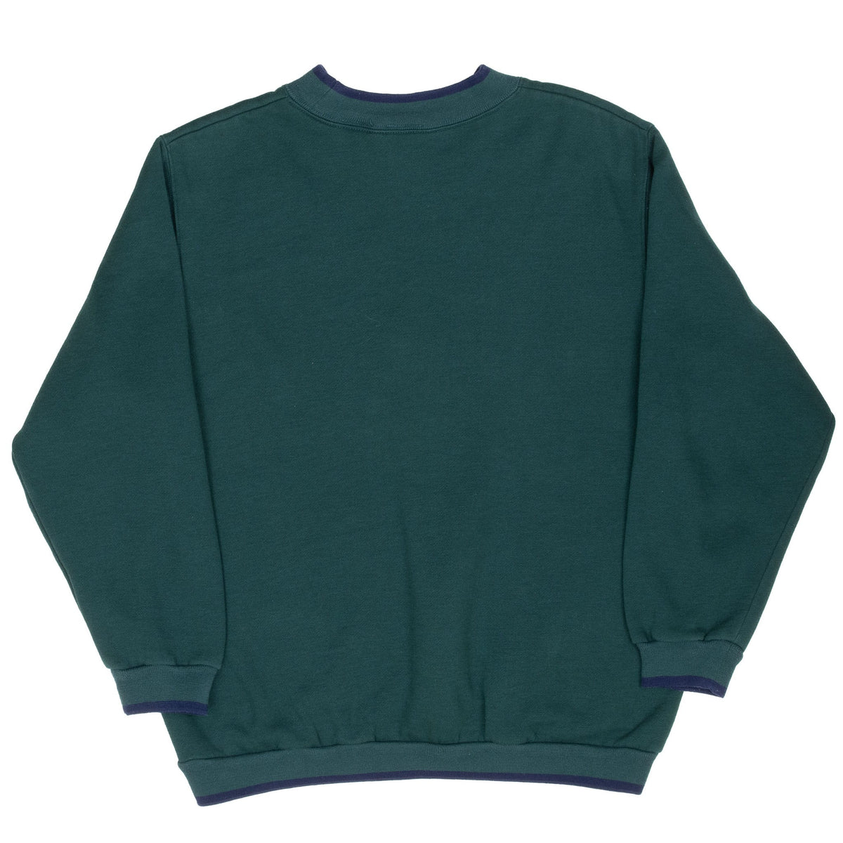 Back of pine green Disney sweatshirt with navy trim at the cuffs, neckline, and waistband