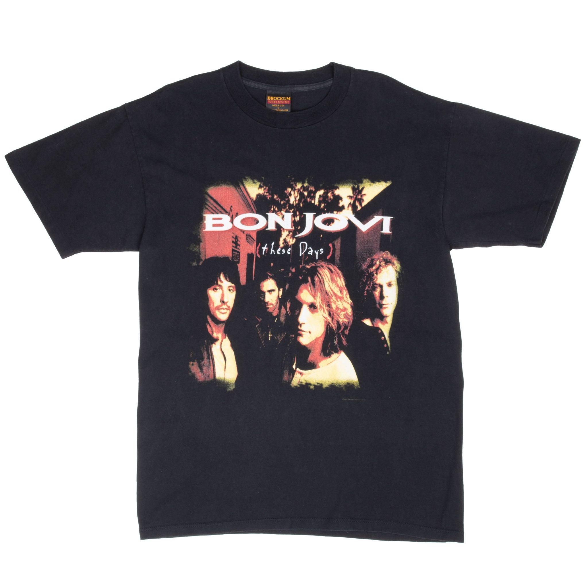 Full front of black Bon Jovi These Days T-shirt with multicolor band portrait print