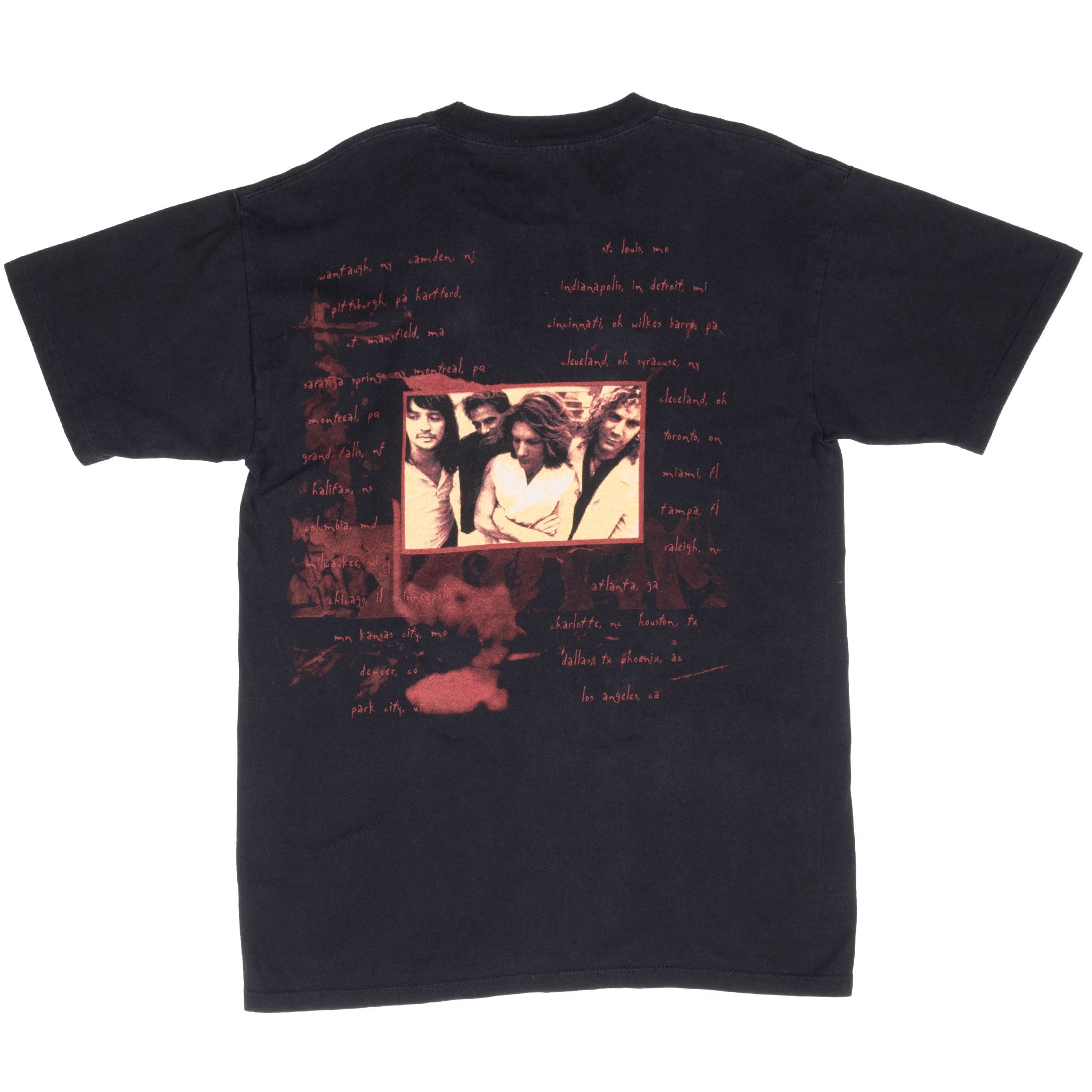 Full back of black Bon Jovi These Days T-shirt with band photo and red tour city print