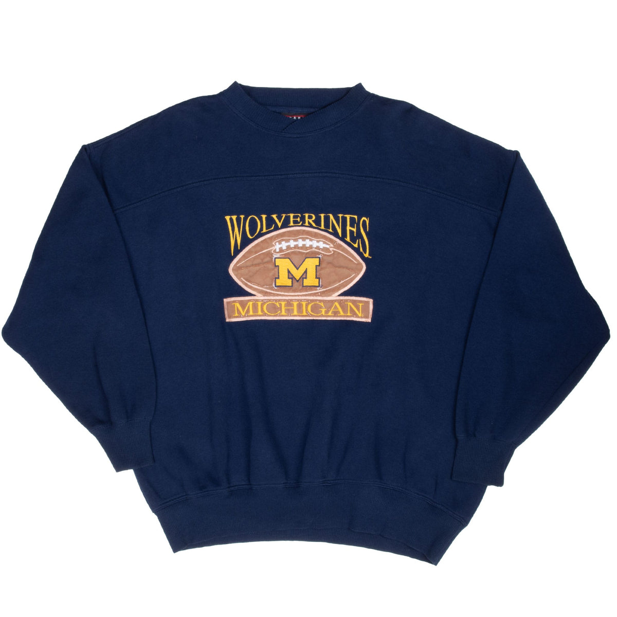 Full front view of navy Michigan Wolverines football sweatshirt