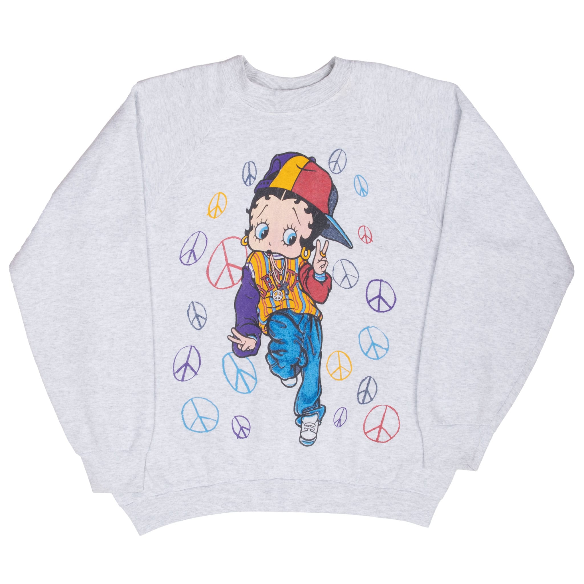 Full front view of light gray Betty Boop crewneck sweatshirt with multicolor peace sign graphic