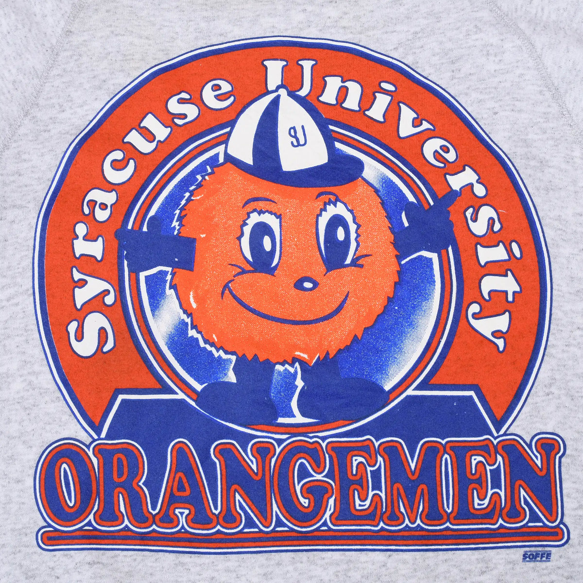 Close-up of orange and blue Syracuse University Orangemen mascot graphic