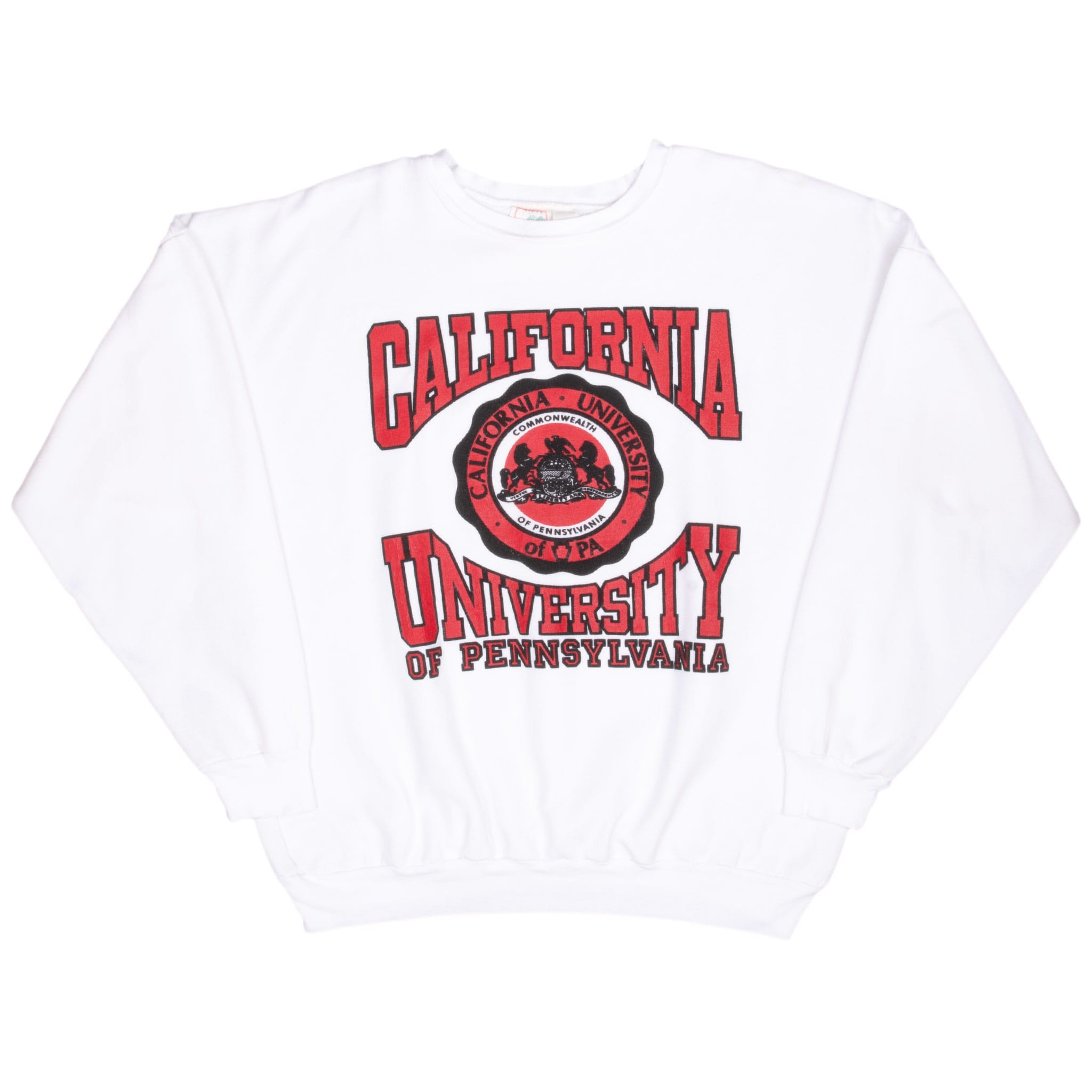 Full front of white California University of Pennsylvania crewneck sweatshirt