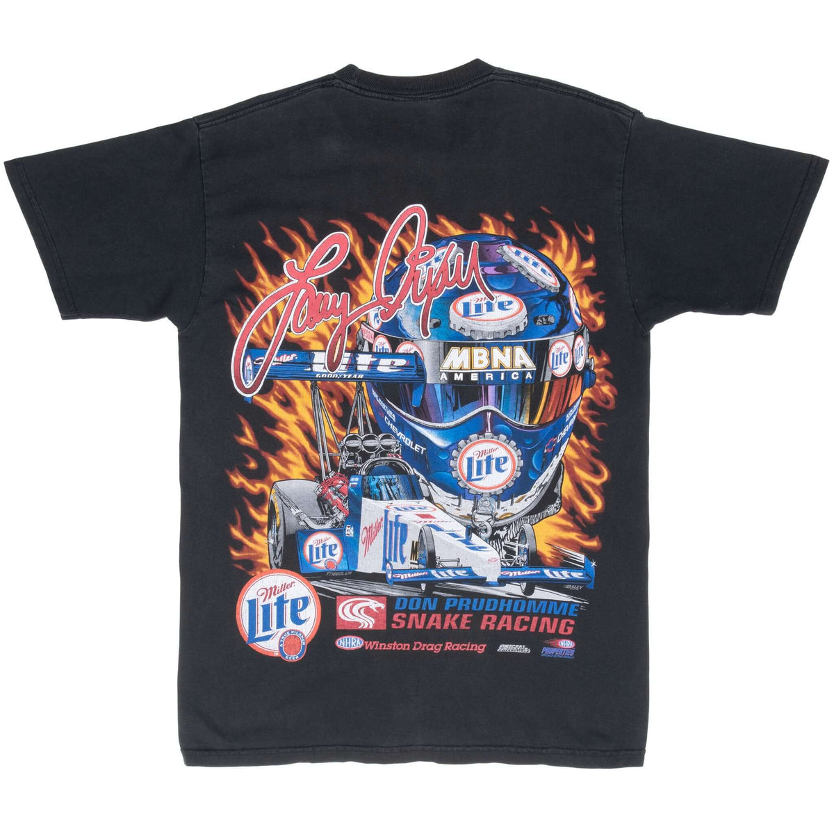 Back of black NHRA T-shirt with Larry Dixon helmet, dragster, flames, and Don Prudhomme Snake Racing print