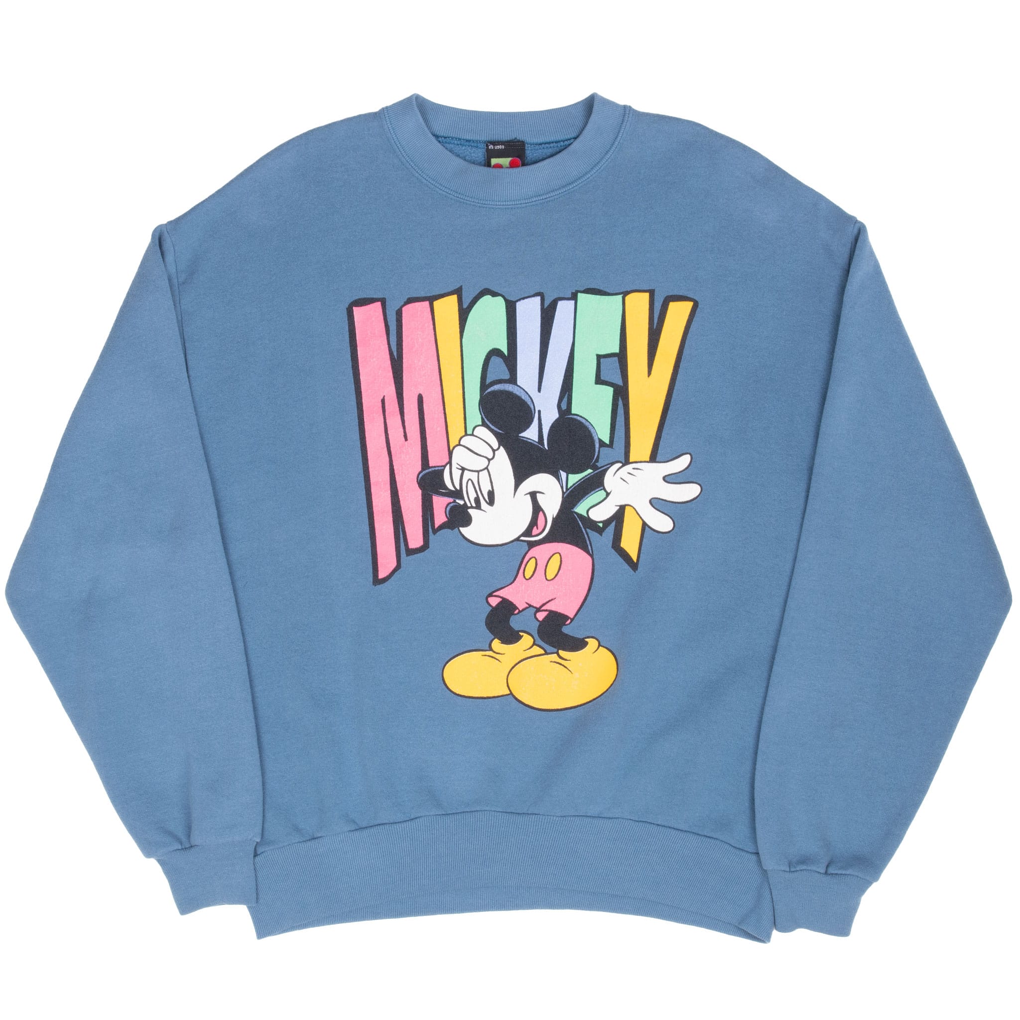Full front view of blue Mickey Mouse crewneck sweatshirt with long sleeves