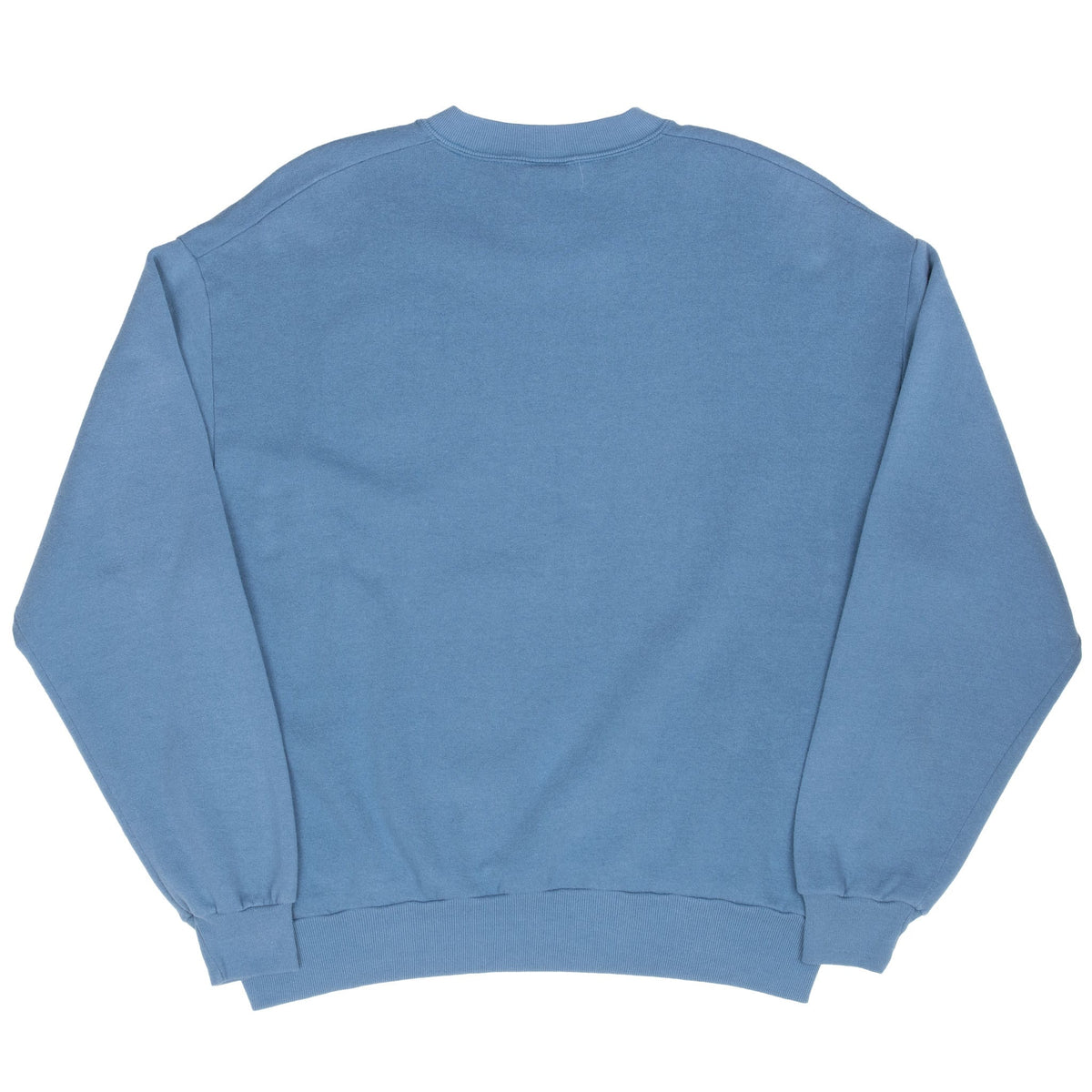 Back of blue Disney crewneck sweatshirt with ribbed cuffs and waistband