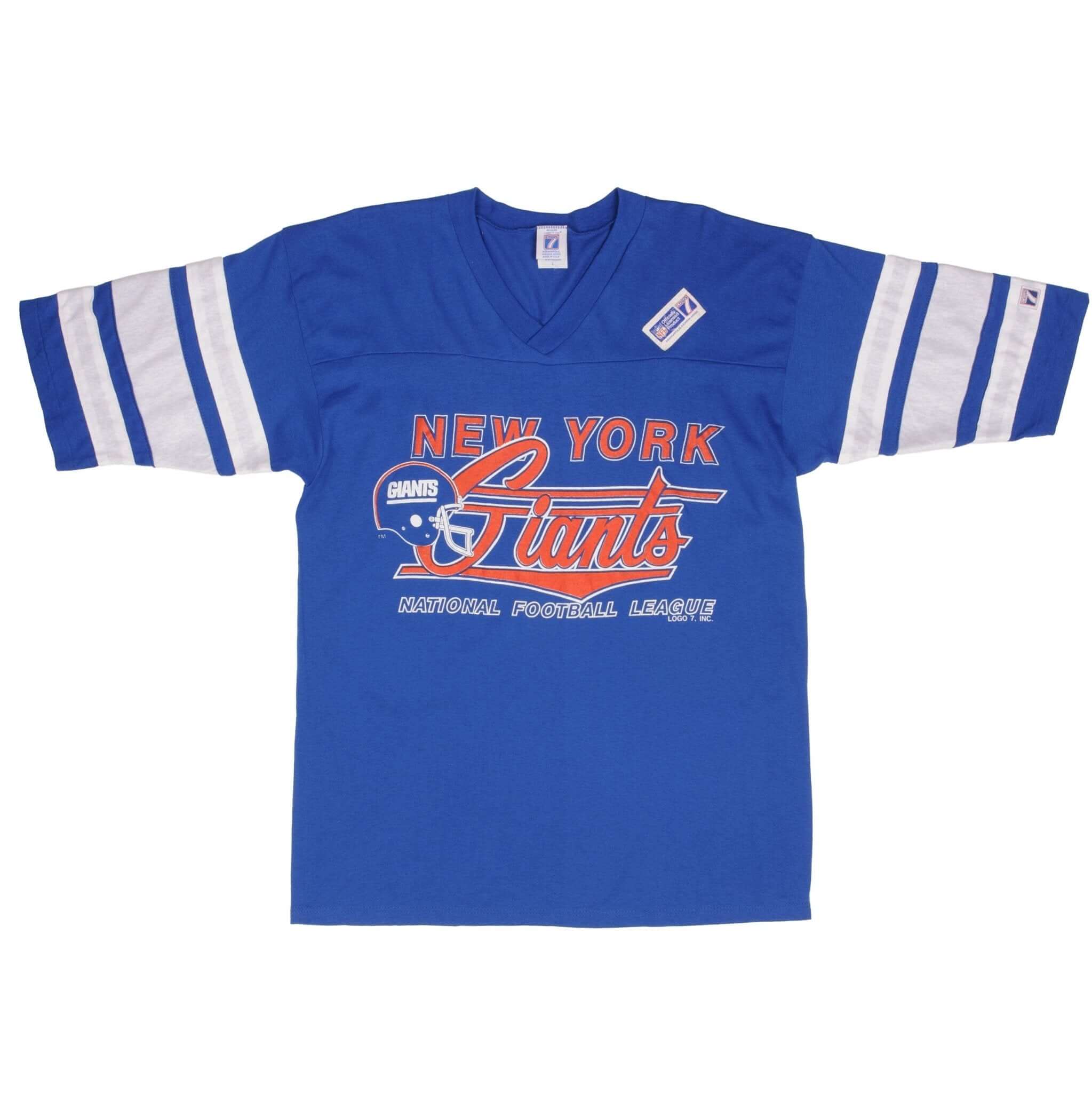 Front of blue New York Giants V-neck T-shirt with helmet graphic and striped sleeves