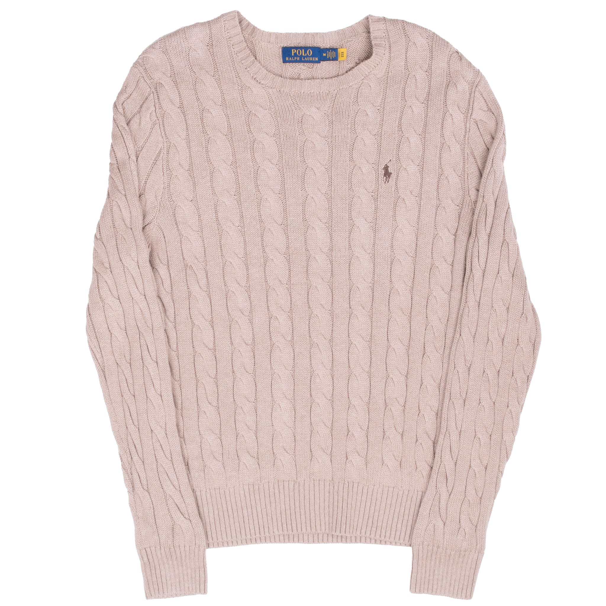 Full front view of beige Polo Ralph Lauren cable-knit crewneck sweater