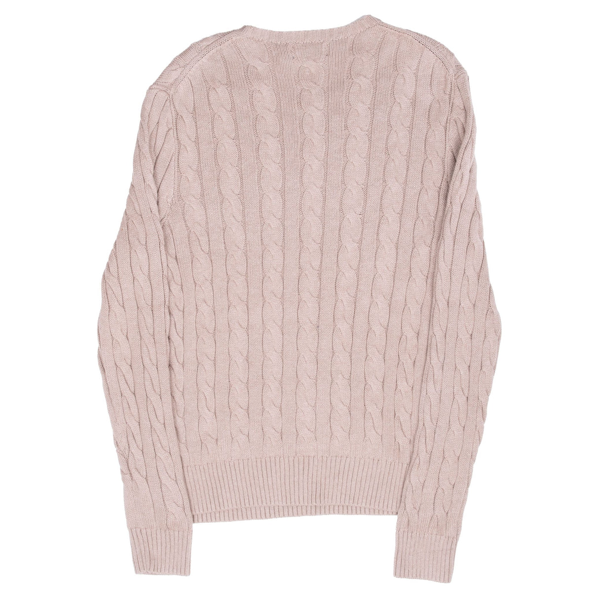 Back of beige Polo Ralph Lauren cable-knit crewneck sweater