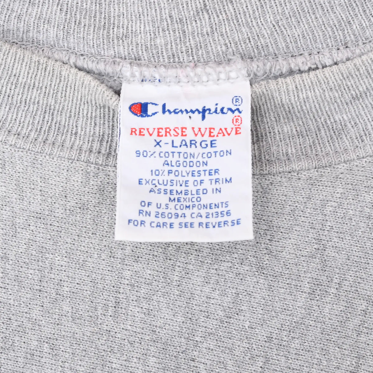 Champion Reverse Weave X-Large neck tag inside gray sweatshirt