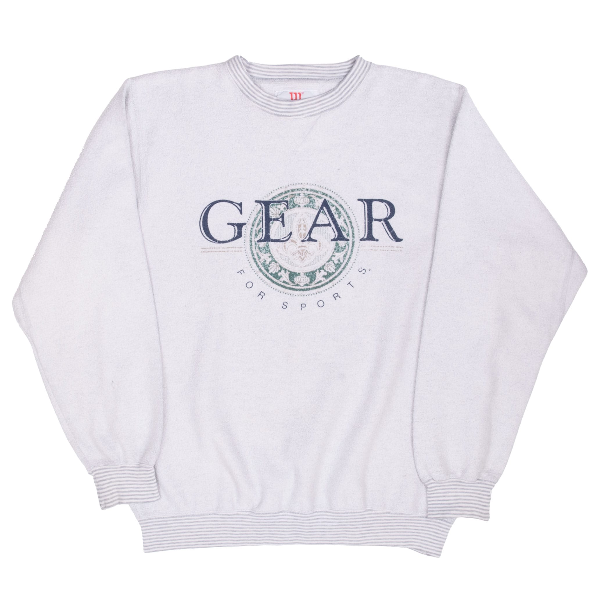 Full front view of Wilson crewneck sweatshirt with GEAR for Sports chest graphic and striped ribbed trim